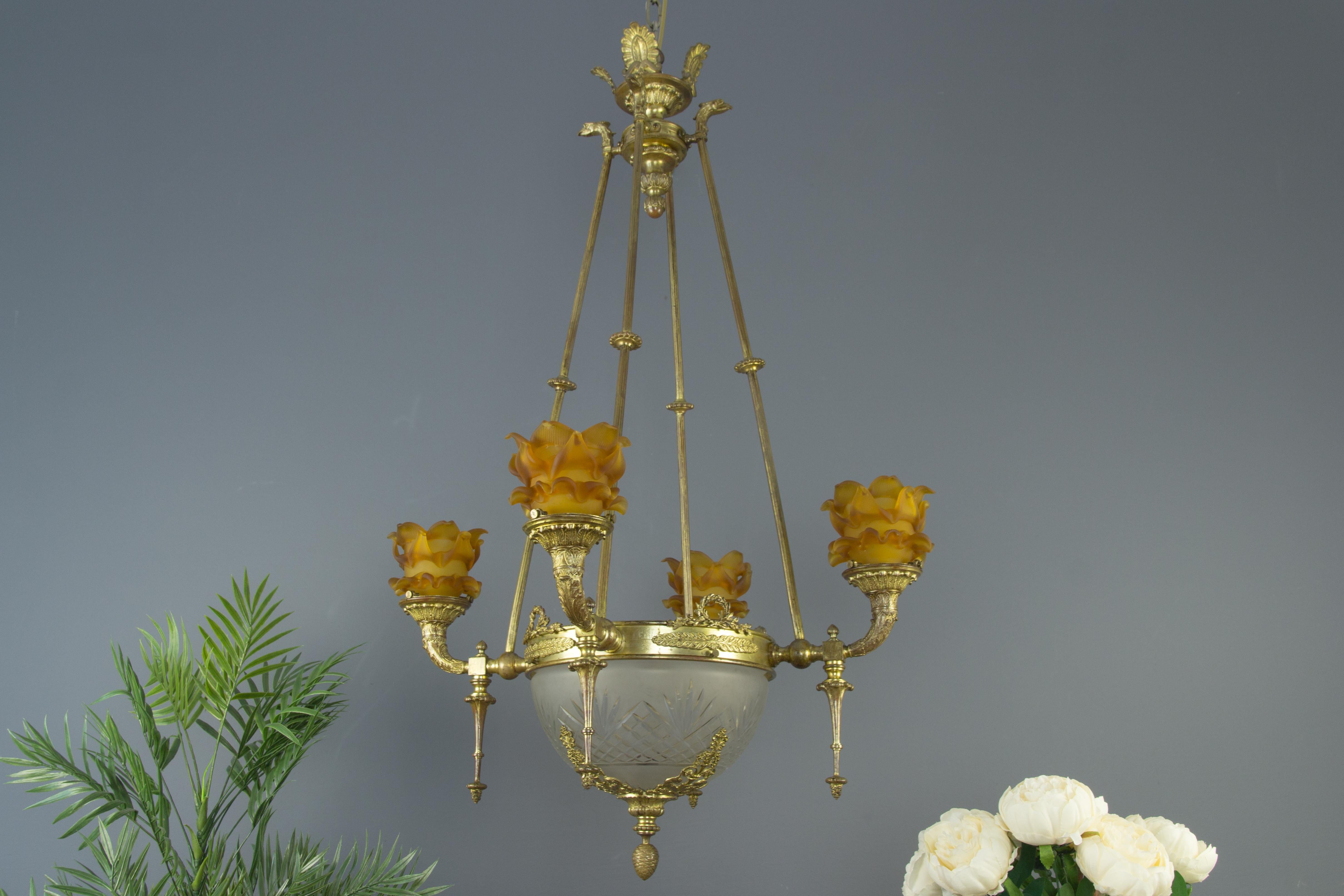French Empire Style Bronze and Frosted Glass Eight-Light Chandelier 3