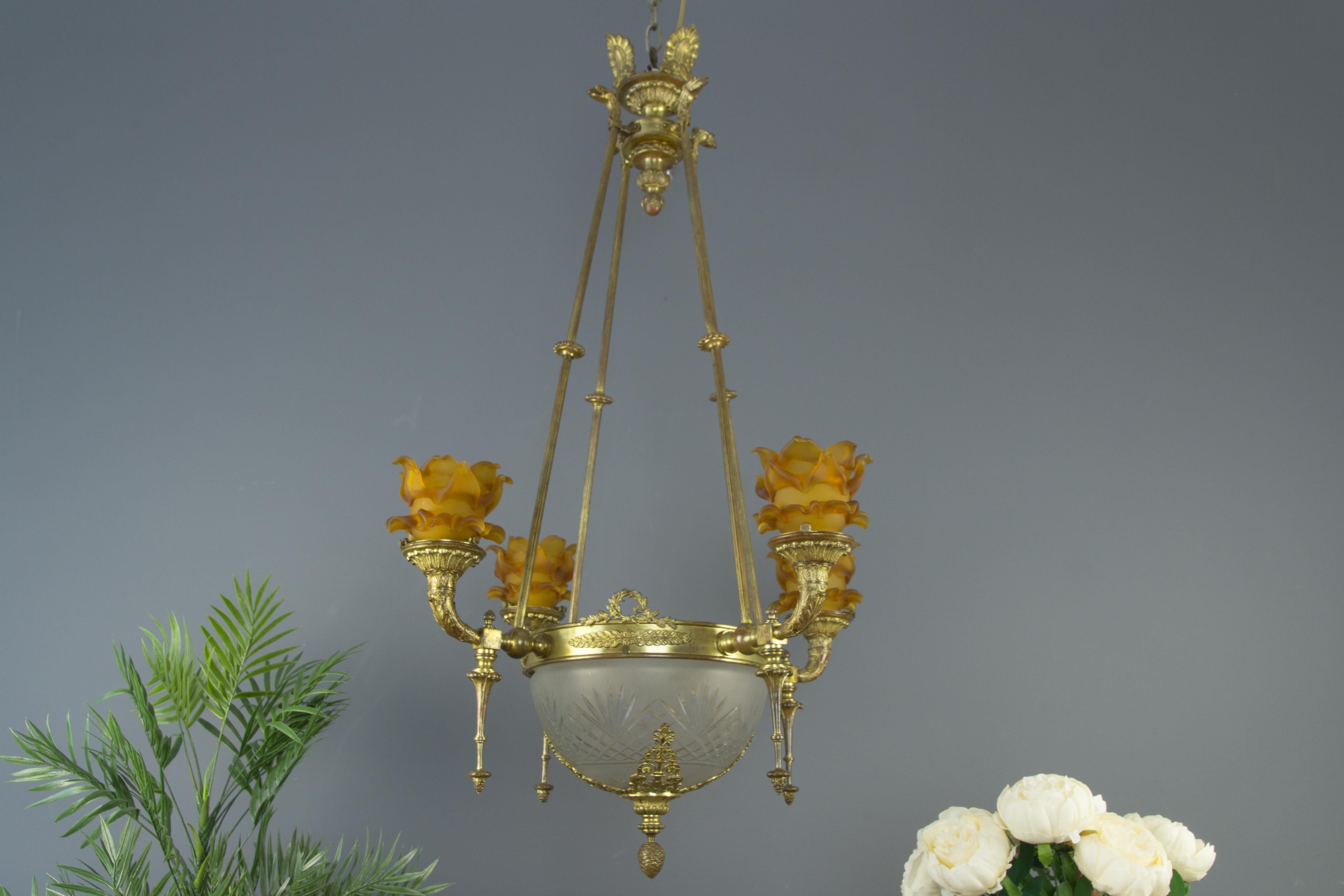 French Empire Style Bronze and Frosted Glass Eight-Light Chandelier 4