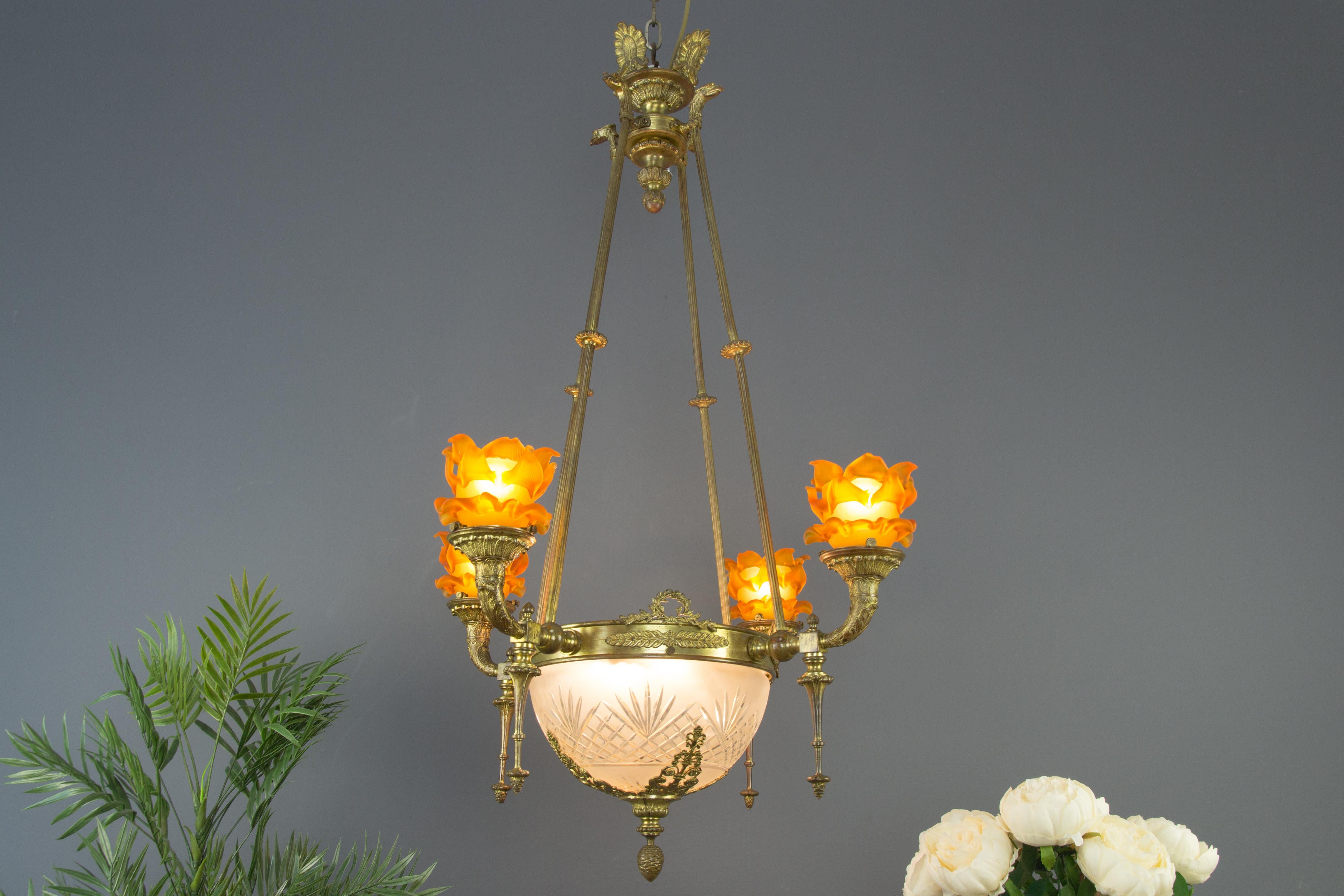 French Empire Style Bronze and Frosted Glass Eight-Light Chandelier 5