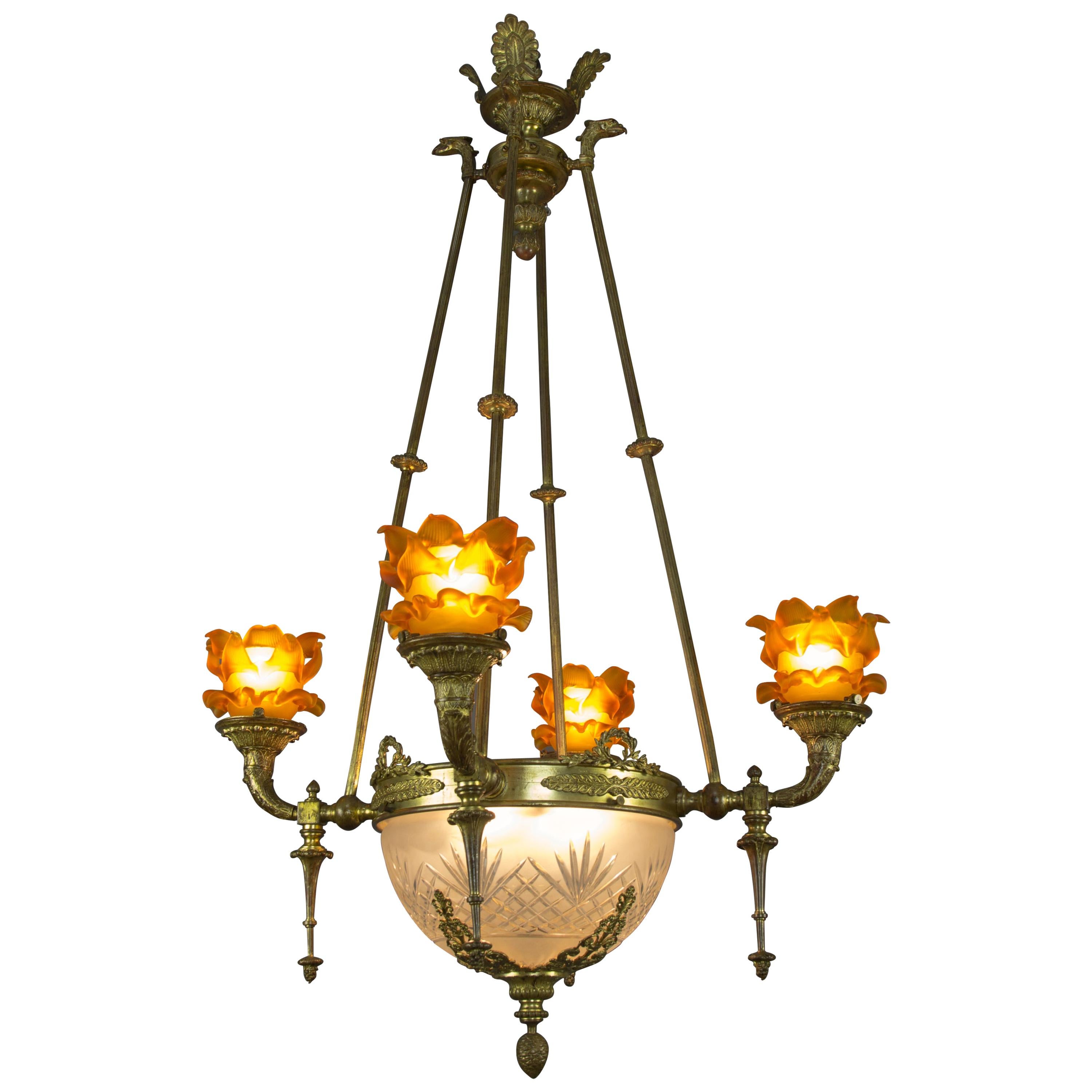 French Empire Style Bronze and Frosted Glass Eight-Light Chandelier