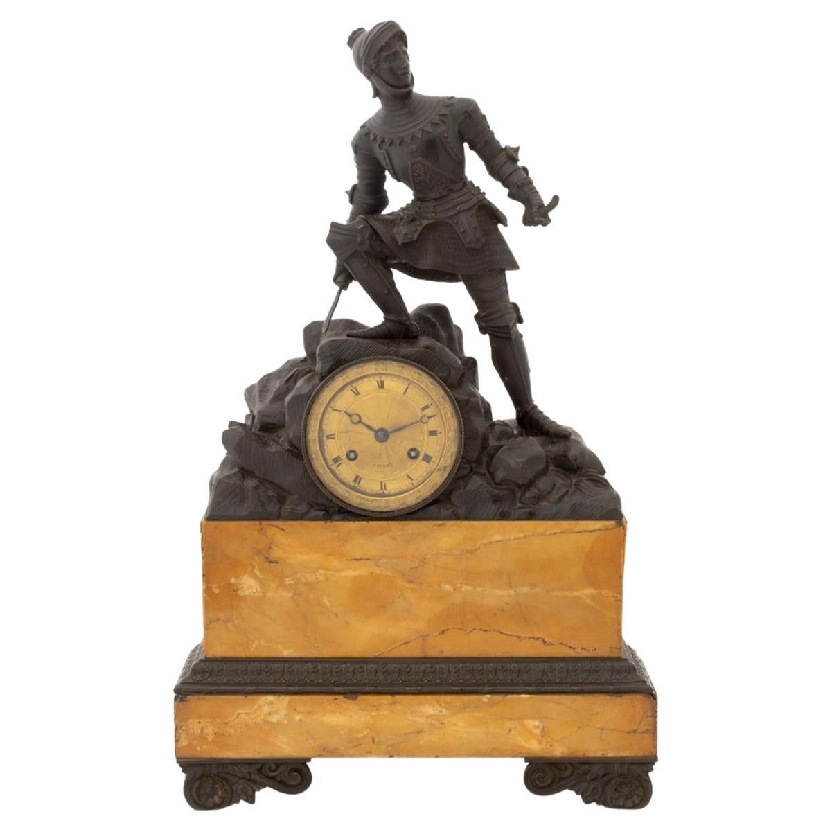 French Empire Bronze and Marble "Knight" Clock For Sale