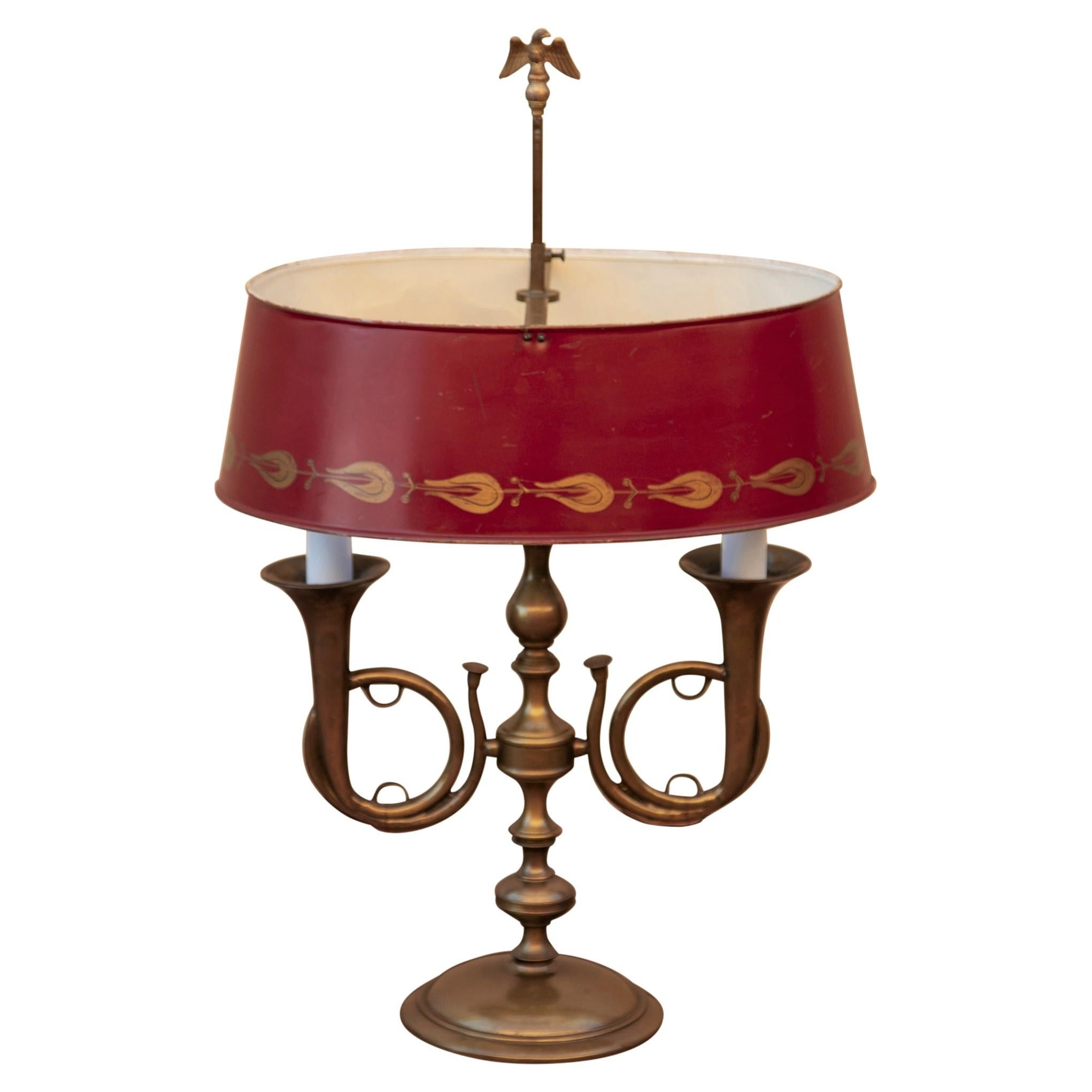 French Empire Bronze and Red Tole Bouillotte Table Lamp In Good Condition In Baltimore, MD