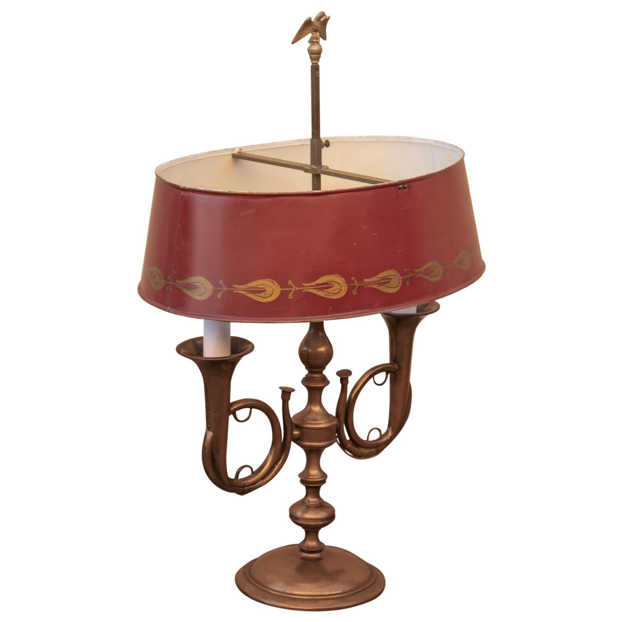 20th Century French Empire Bronze and Red Tole Bouillotte Table Lamp