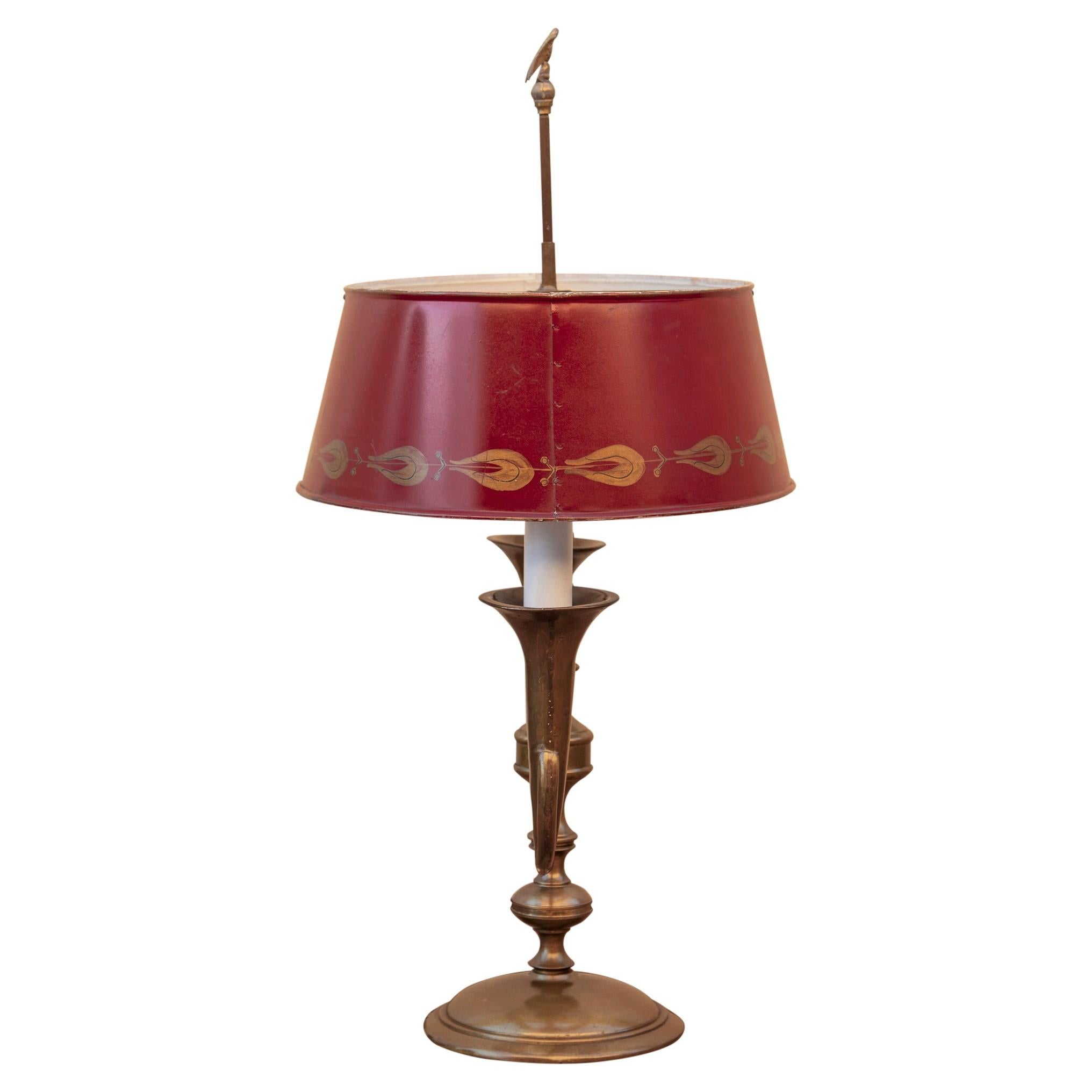 Metal French Empire Bronze and Red Tole Bouillotte Table Lamp