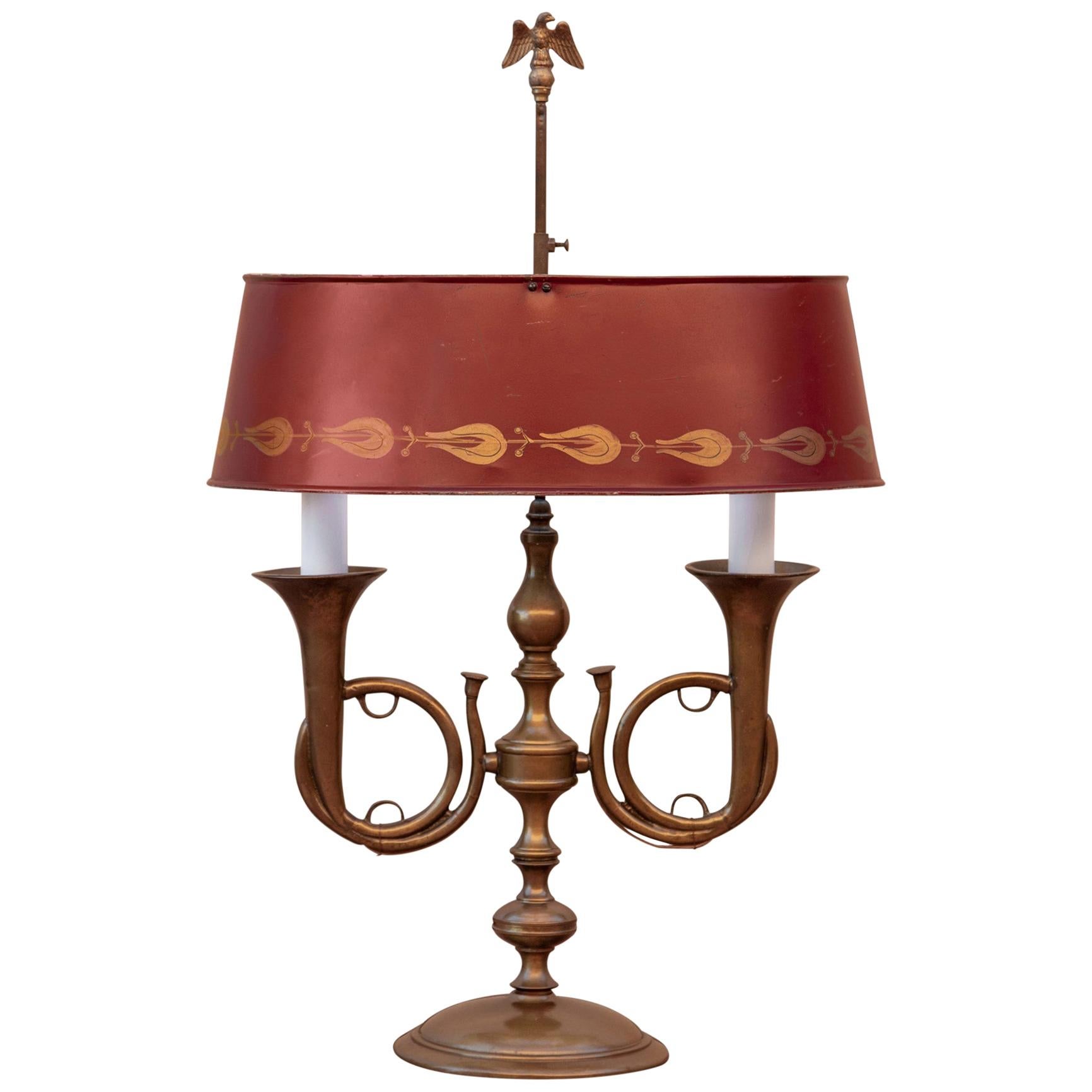 French Empire Bronze and Red Tole Bouillotte Table Lamp