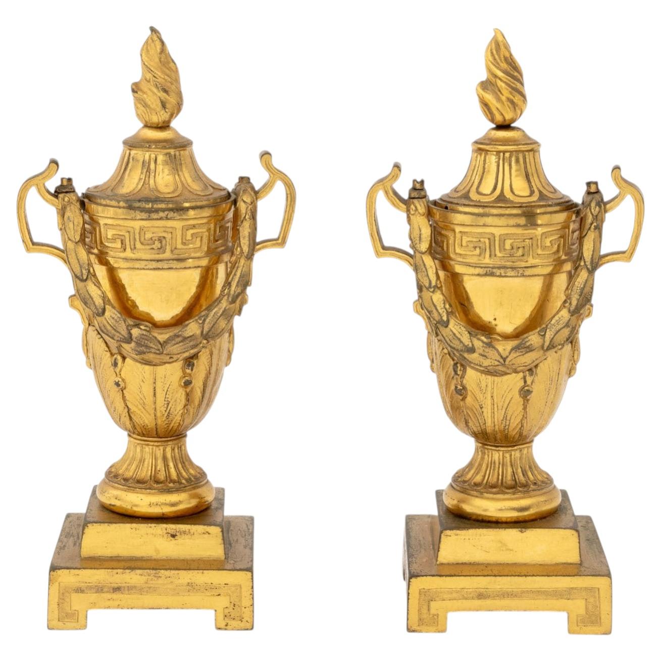 Pair of French Empire Gilt Bronze Urn Form Candlestick-Cassolettes