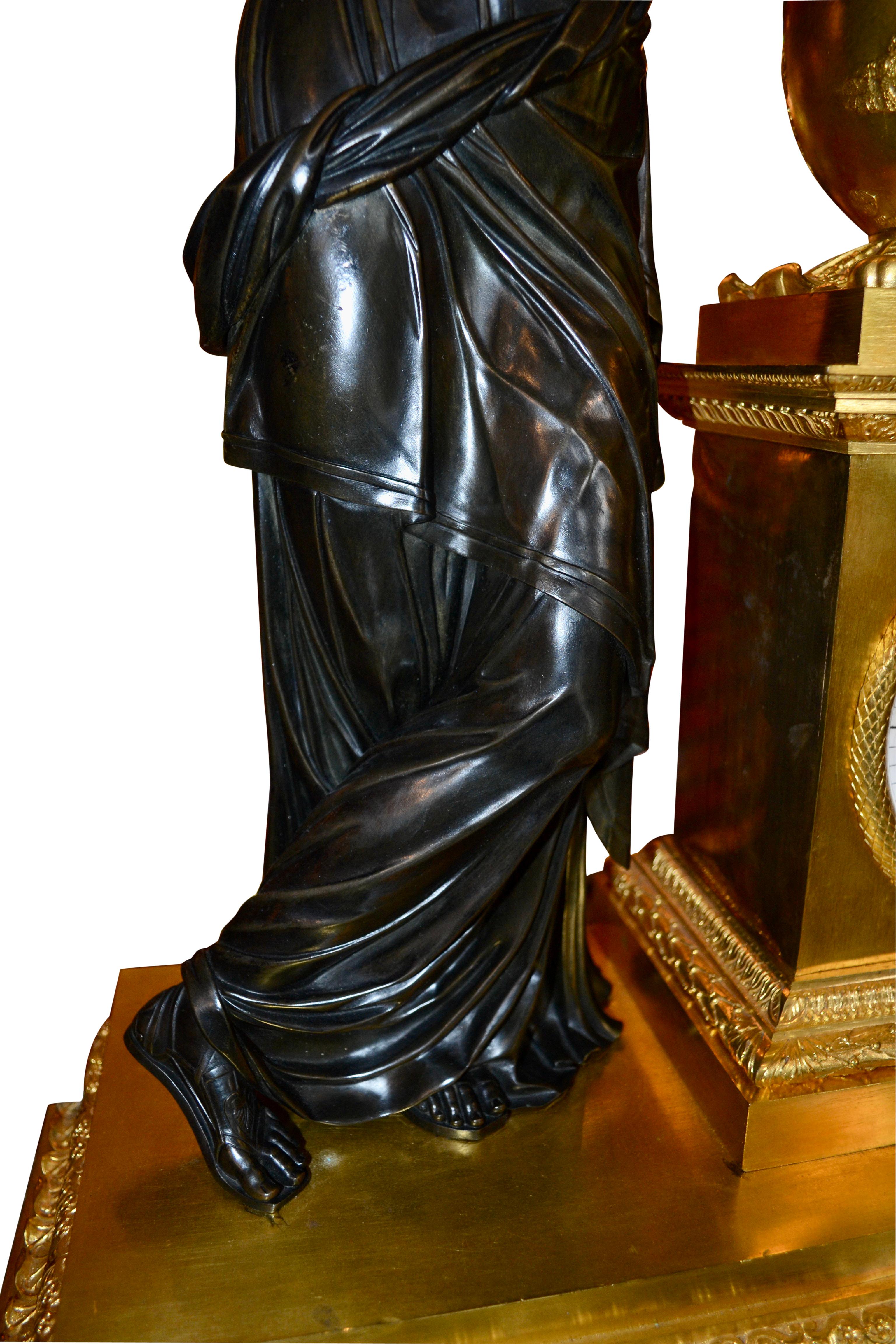 French Empire Bronze Clock Depicting Urania Greek Muse of Astronomy For Sale 5