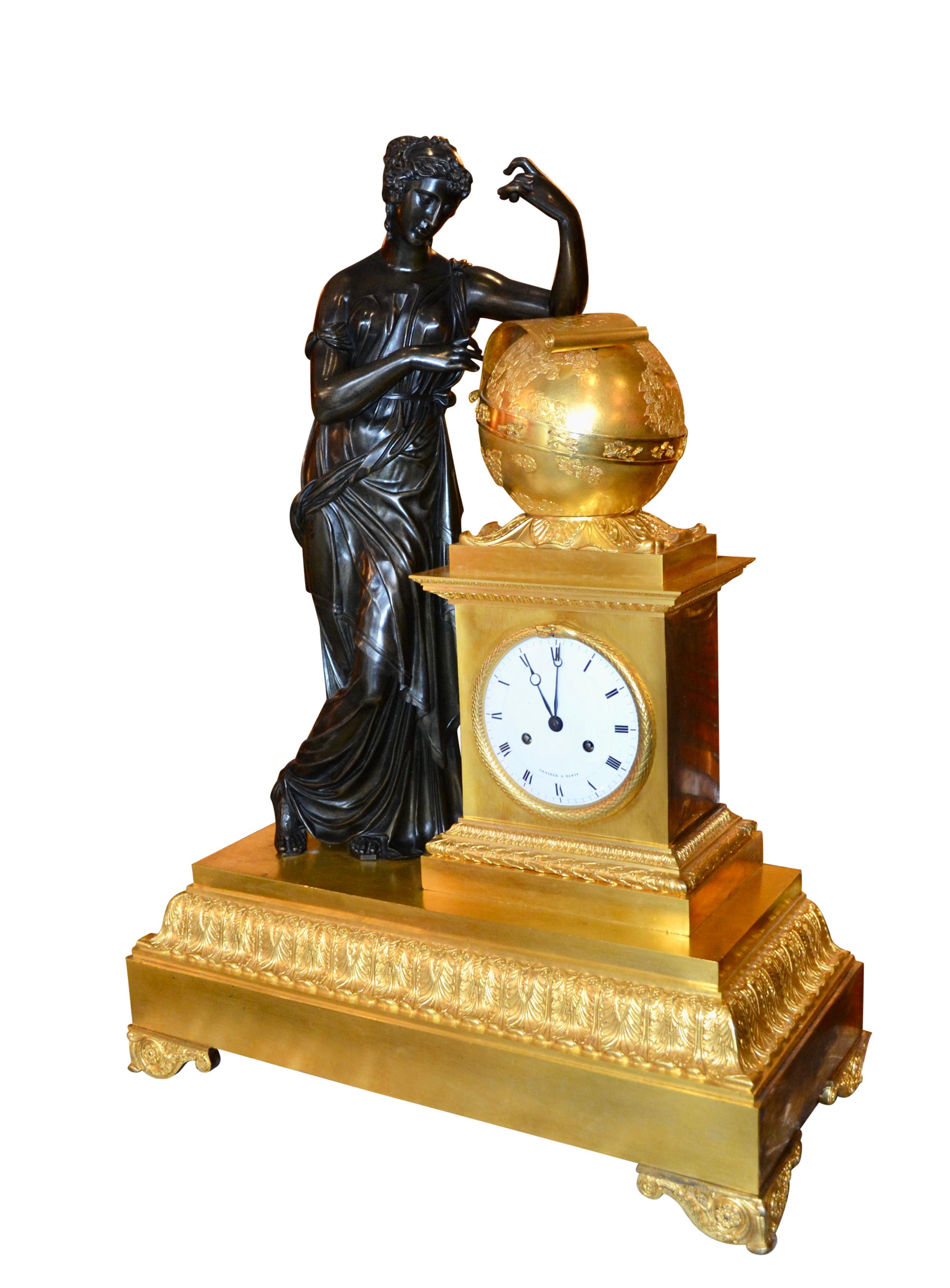 French Empire Bronze Clock Depicting Urania Greek Muse of Astronomy For Sale 6