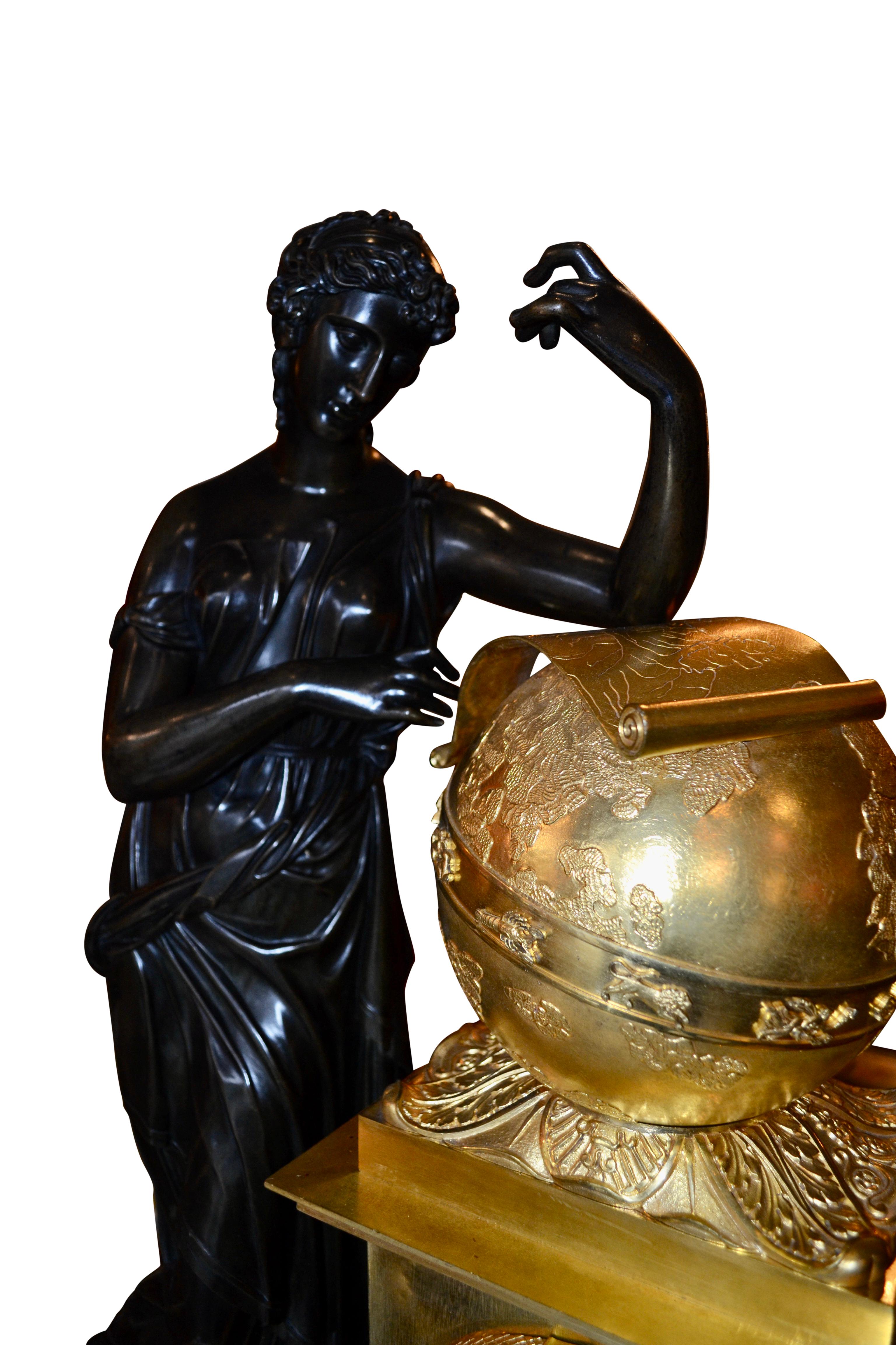 French Empire Bronze Clock Depicting Urania Greek Muse of Astronomy For Sale 7