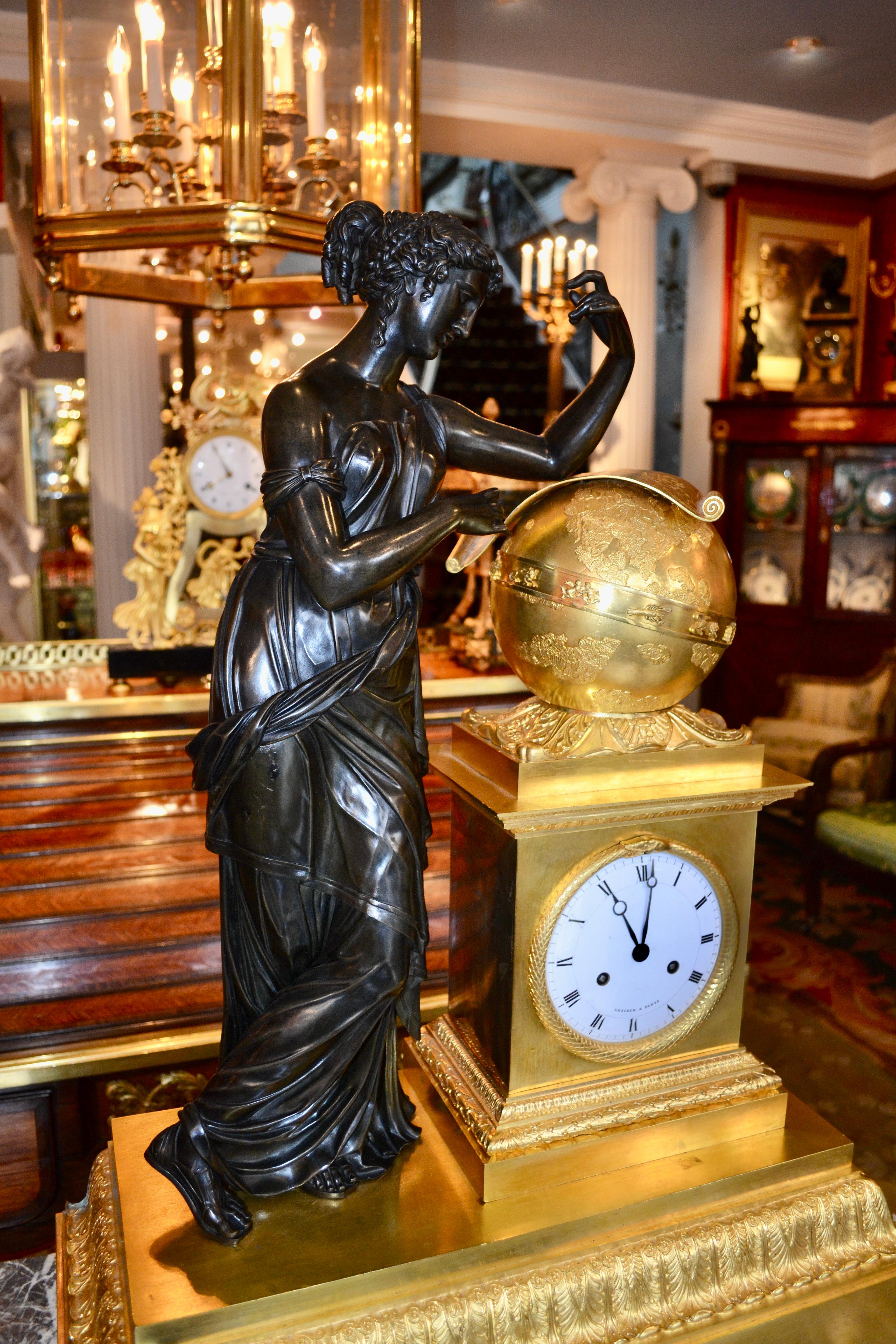 French Empire Bronze Clock Depicting Urania Greek Muse of Astronomy For Sale 9