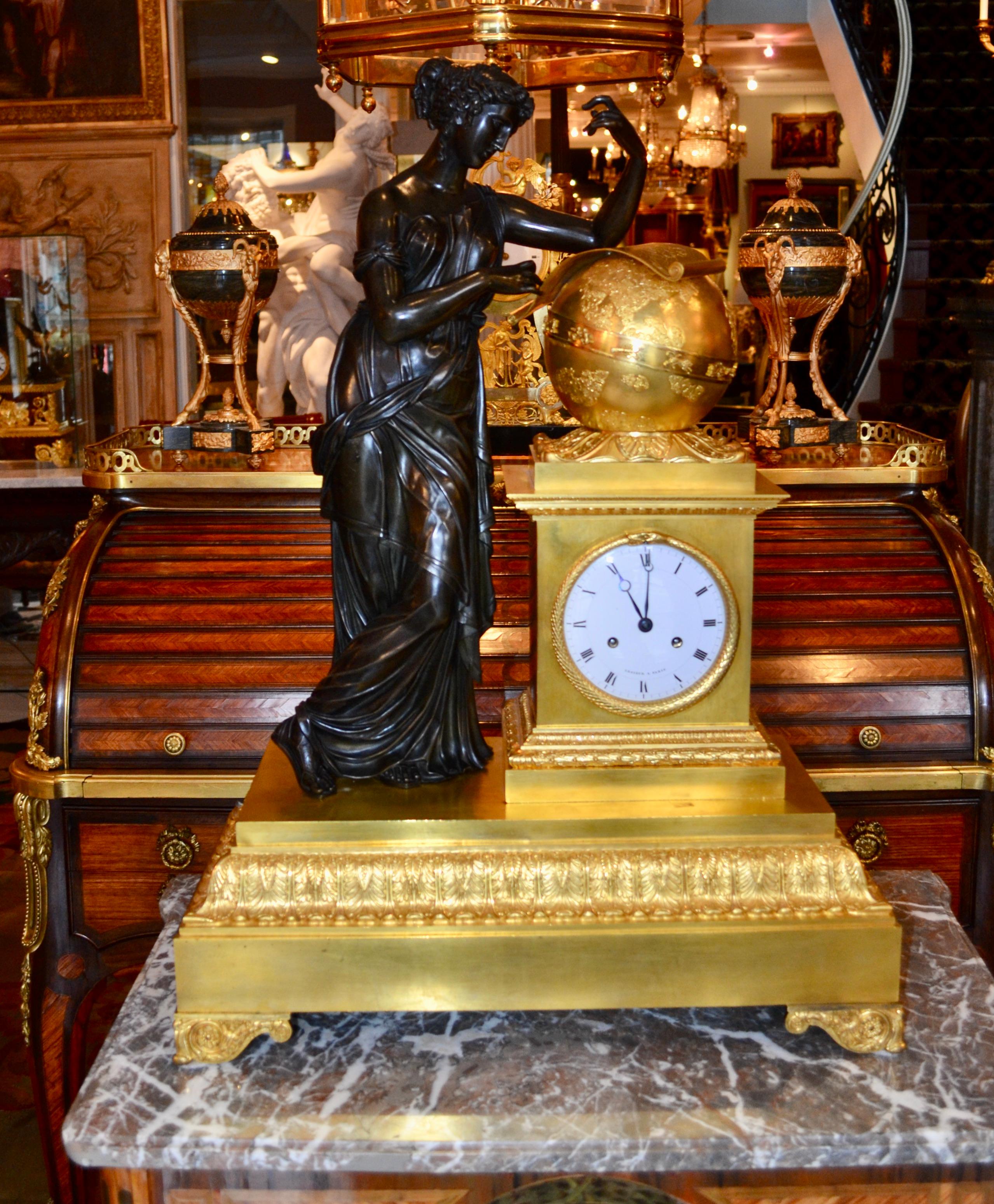 French Empire Bronze Clock Depicting Urania Greek Muse of Astronomy For Sale 10