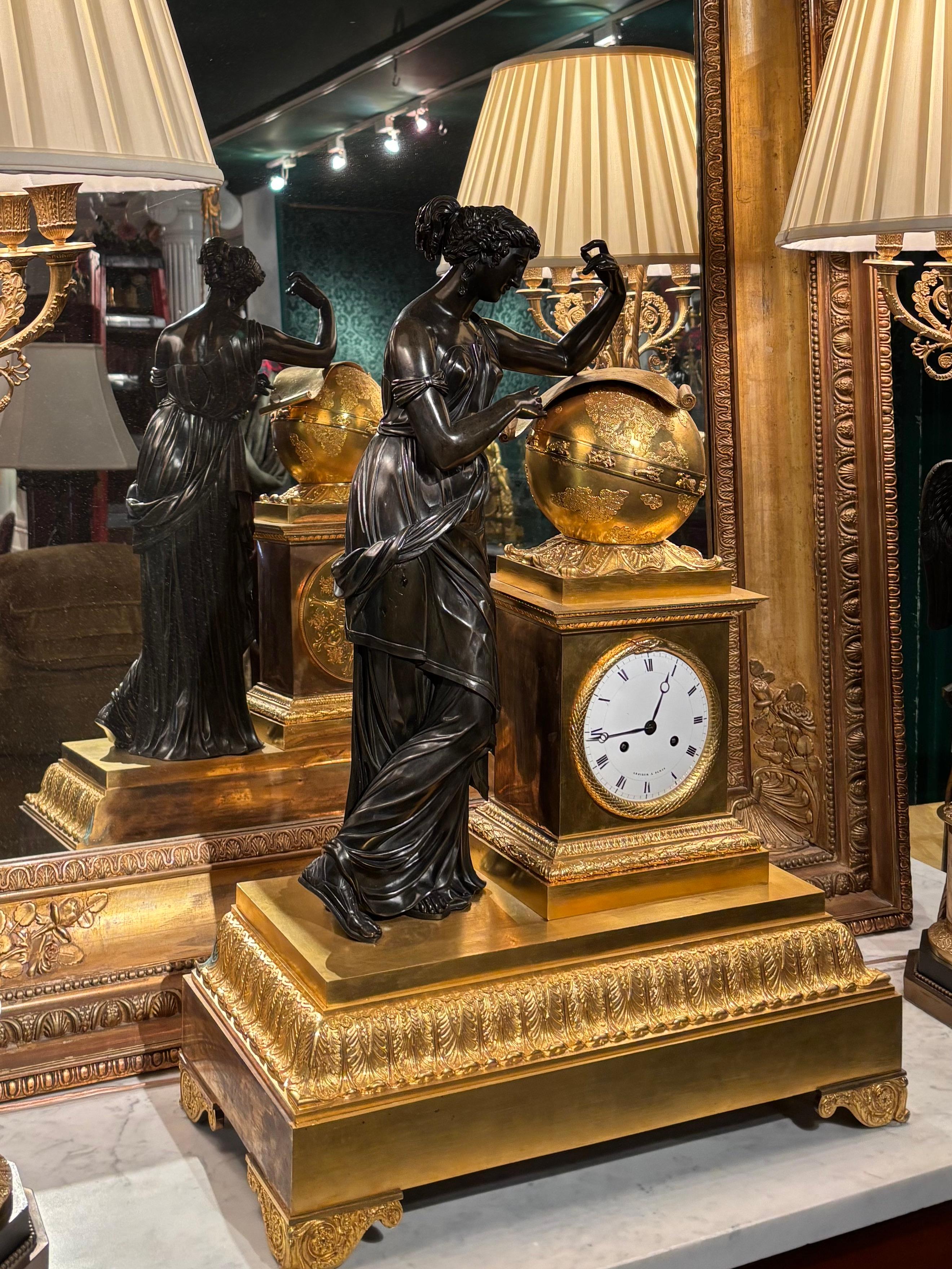 French Empire Bronze Clock Depicting Urania Greek Muse of Astronomy For Sale 11