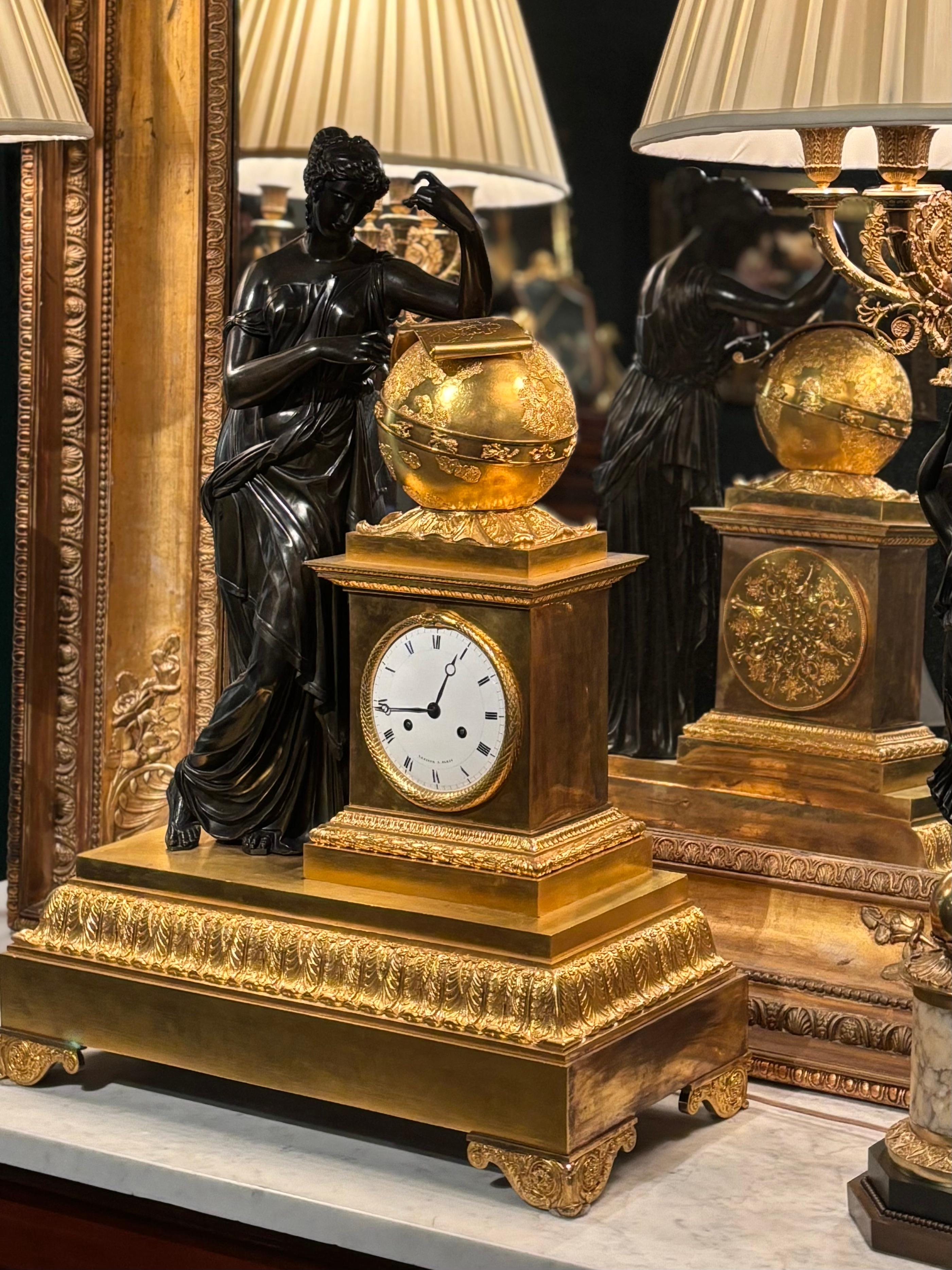 French Empire Bronze Clock Depicting Urania Greek Muse of Astronomy For Sale 12