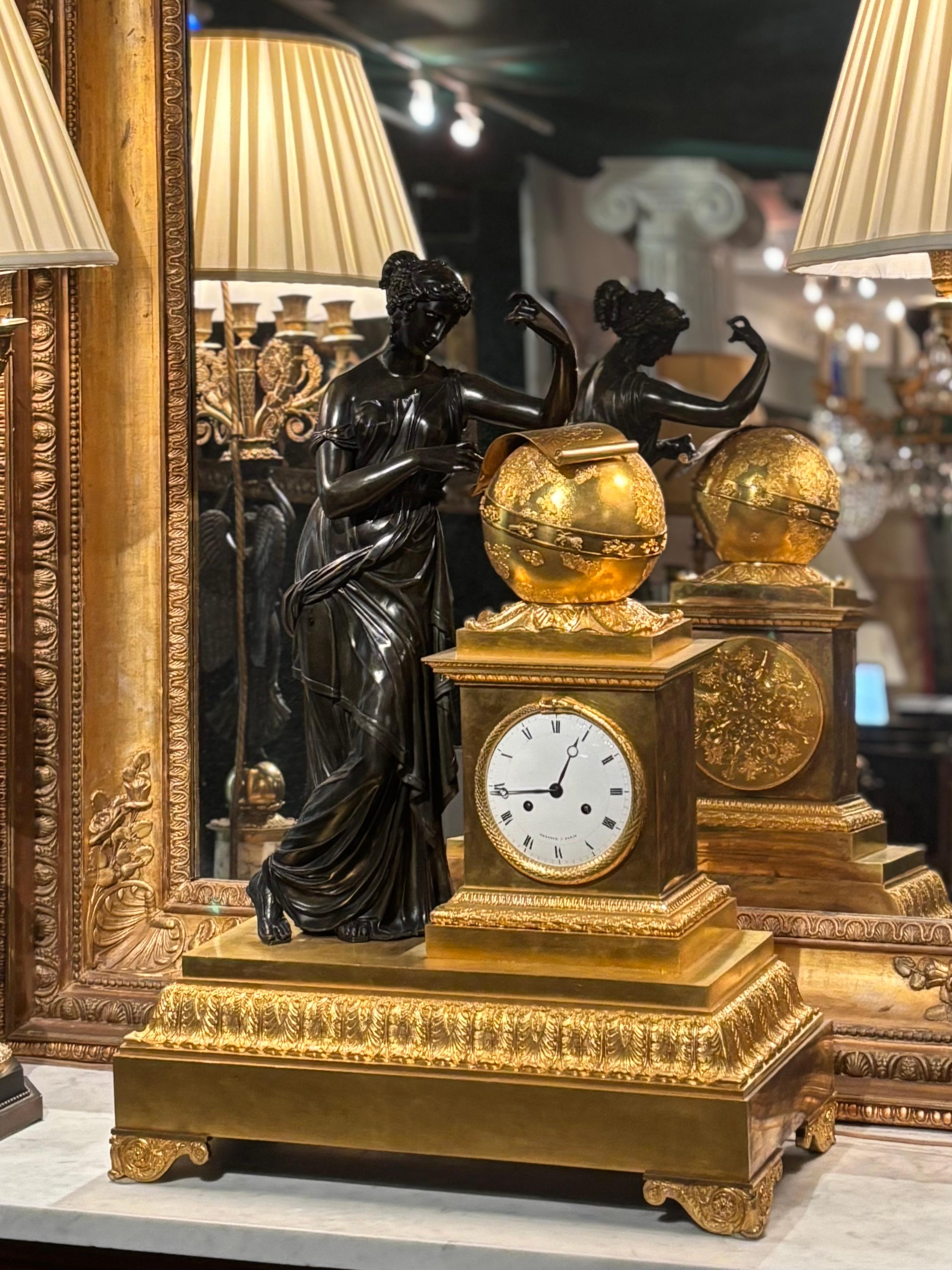 French Empire Bronze Clock Depicting Urania Greek Muse of Astronomy For Sale 13