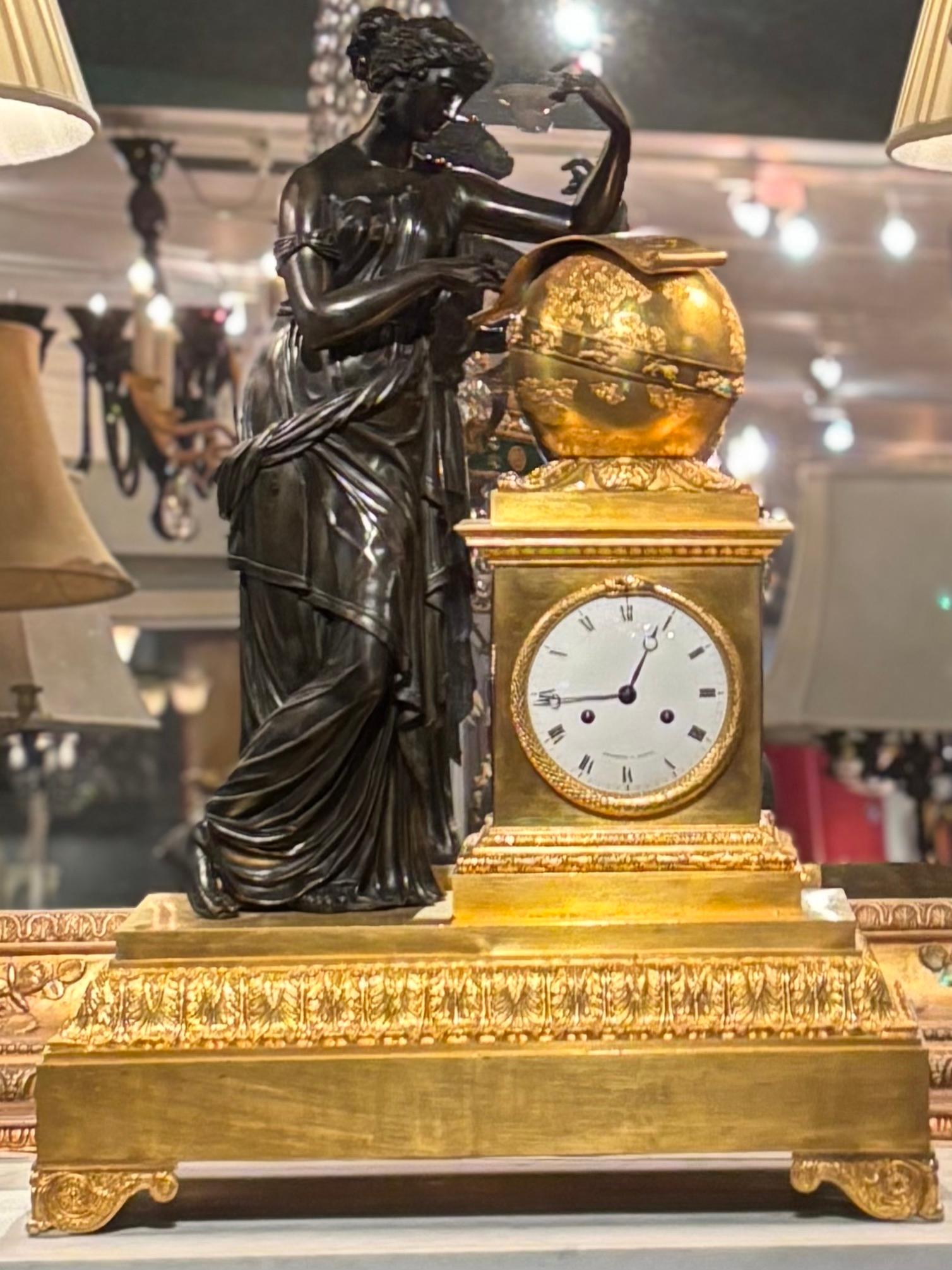 French Empire Bronze Clock Depicting Urania Greek Muse of Astronomy For Sale 14
