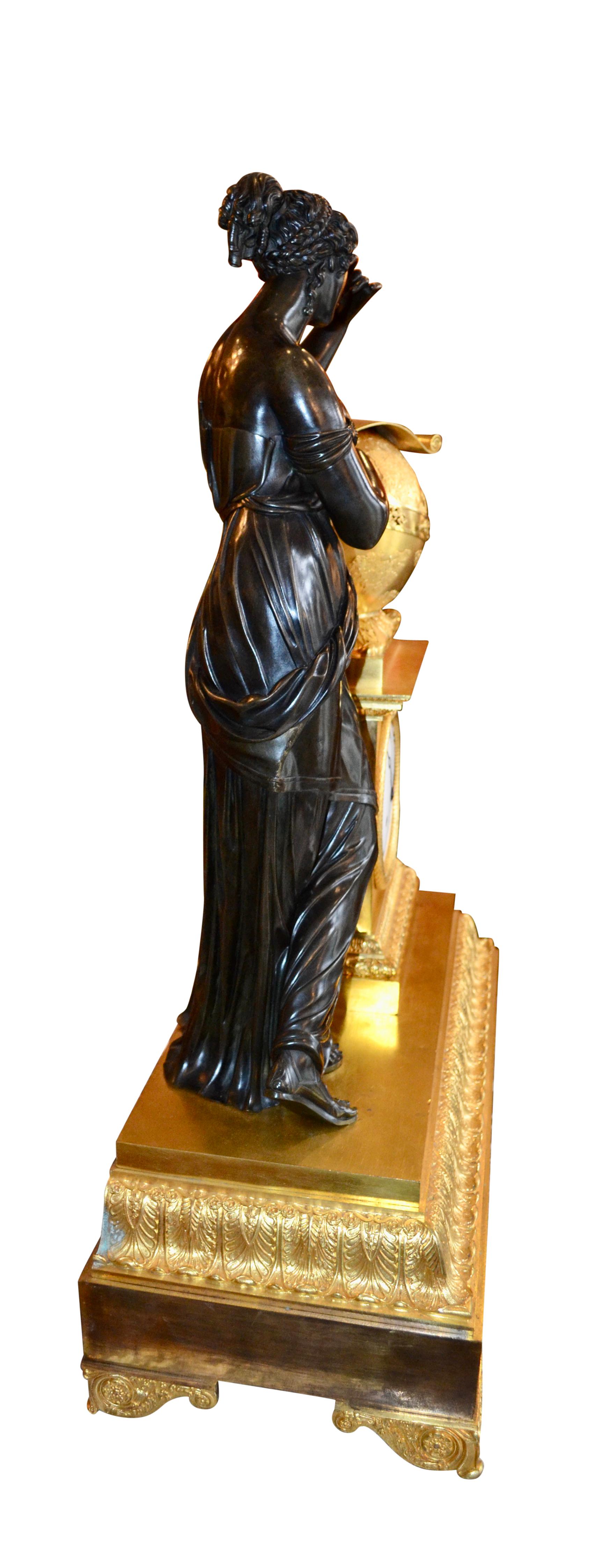 19th Century French Empire Bronze Clock Depicting Urania Greek Muse of Astronomy For Sale