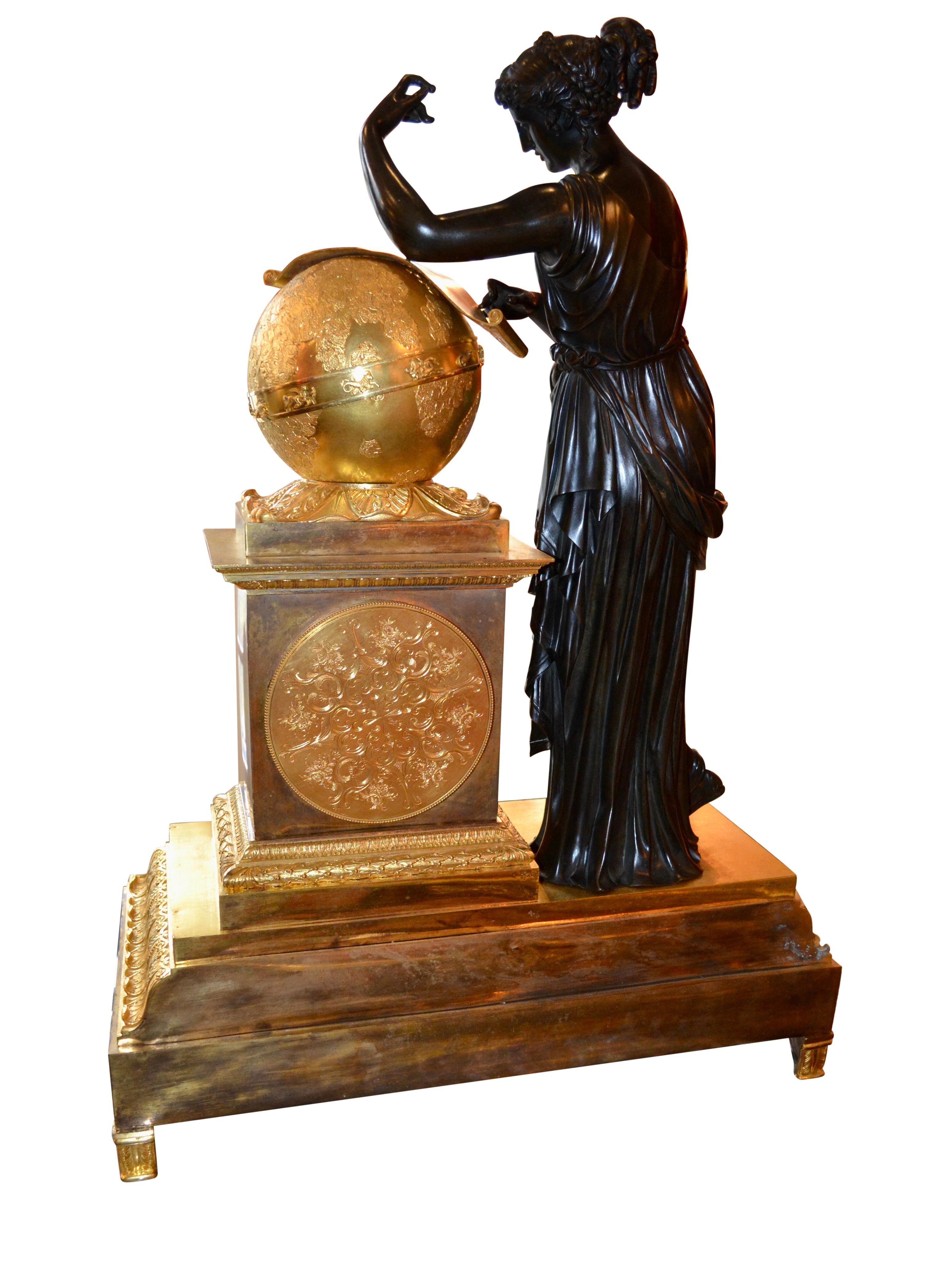 French Empire Bronze Clock Depicting Urania Greek Muse of Astronomy For Sale 1