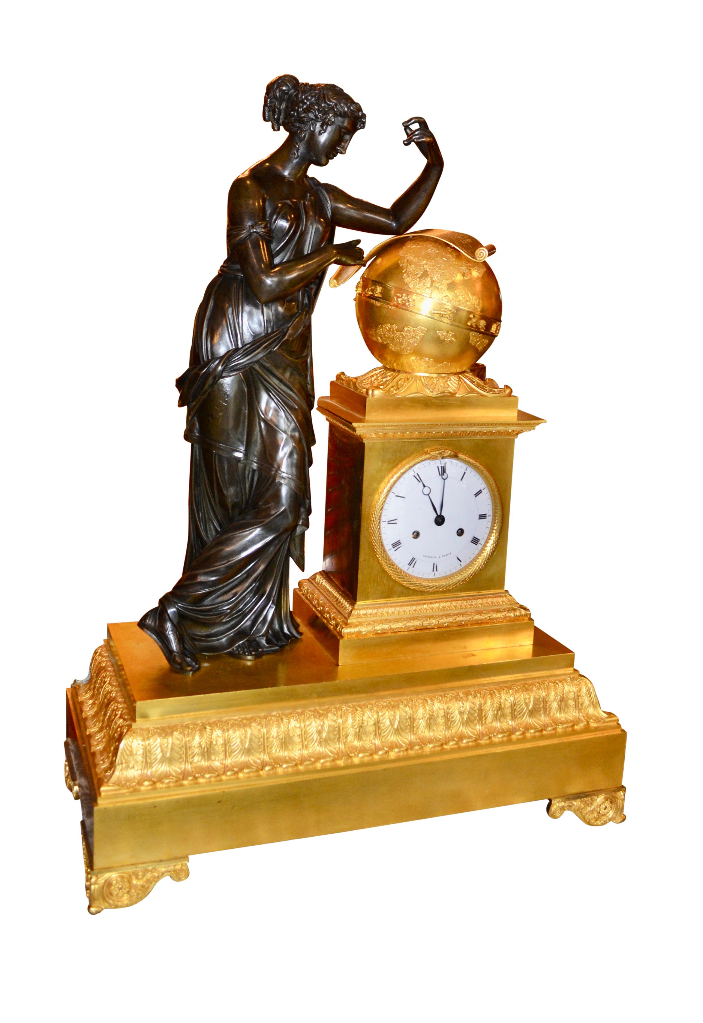 French Empire Bronze Clock Depicting Urania Greek Muse of Astronomy For Sale 3