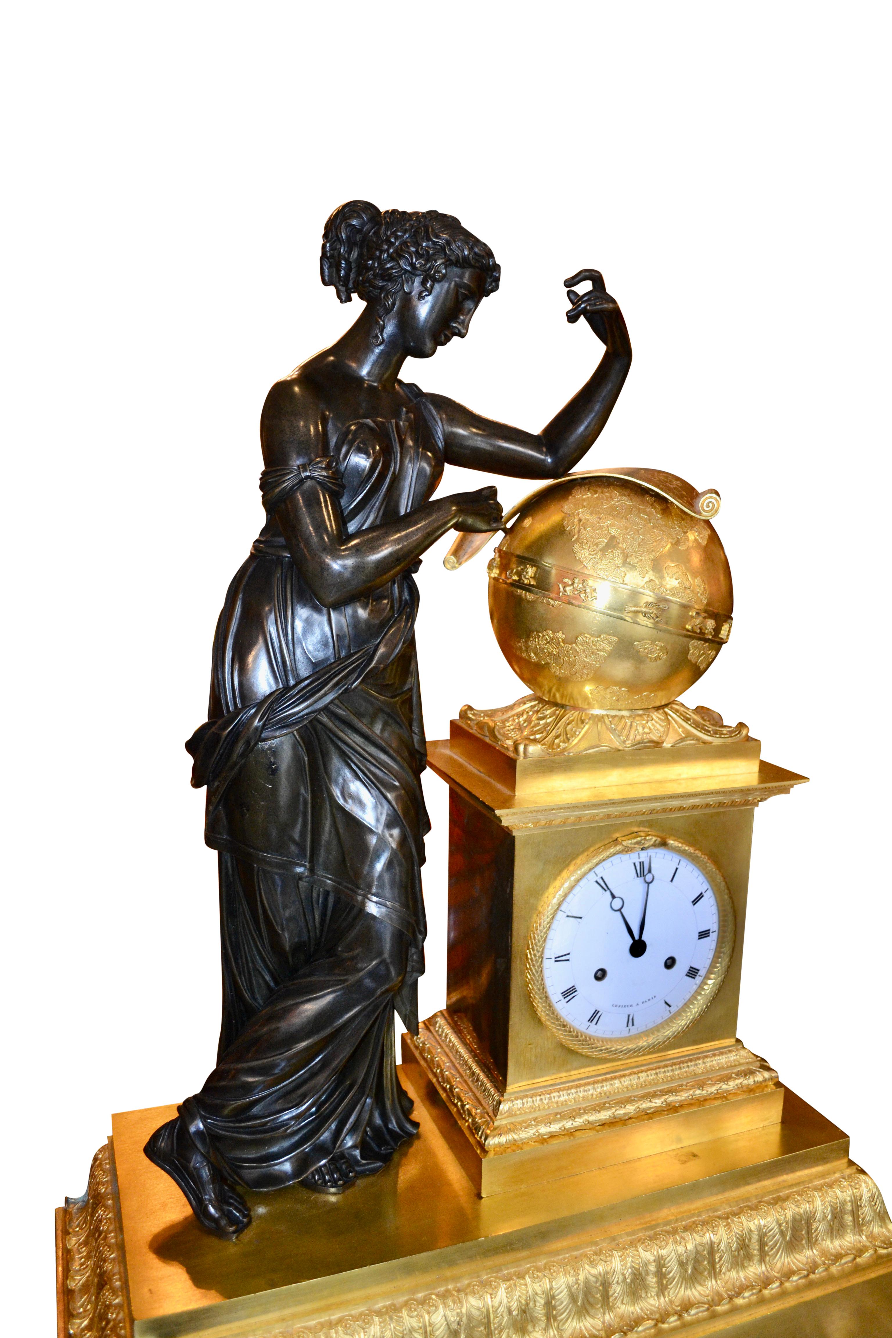 French Empire Bronze Clock Depicting Urania Greek Muse of Astronomy For Sale 4