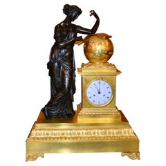 Antique French Empire Bronze Clock Depicting Urania Greek Muse of Astronomy