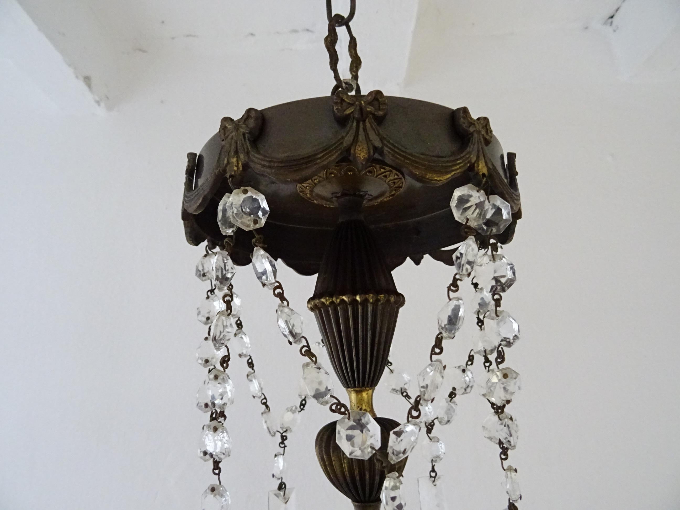 Mid-20th Century French Empire Bronze Crystal Bows and Flowers Chandelier, circa 1930 For Sale