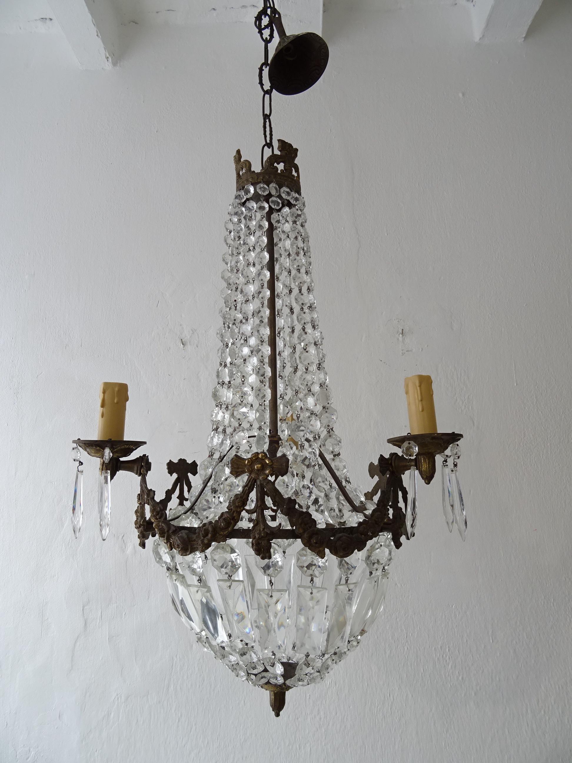 French Empire Bronze Crystal Bows Chandelier, c 1930 4