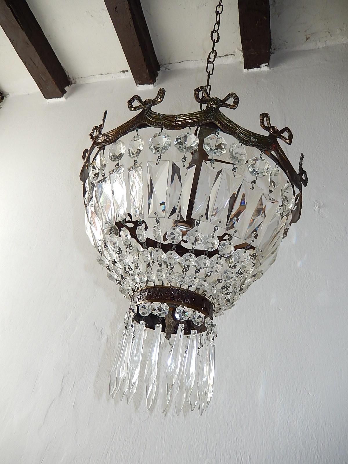 French Empire Bronze Crystal Bows Flushmount Chandelier, circa 1930 5