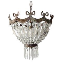 French Empire Bronze Crystal Bows Flushmount Chandelier, circa 1930