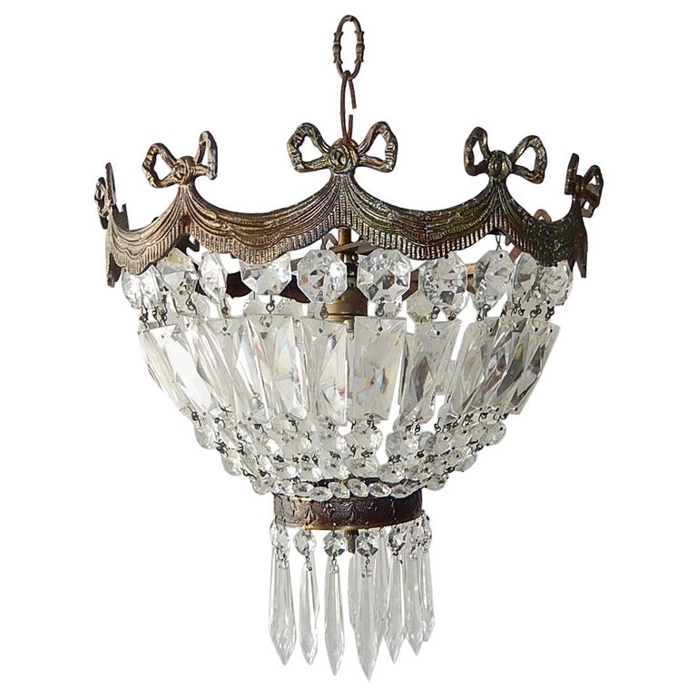 French Empire Bronze Crystal Bows Flushmount Chandelier, circa 1930 at