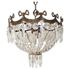 French Empire Bronze Crystal Bows Flushmount Chandelier, circa 1930