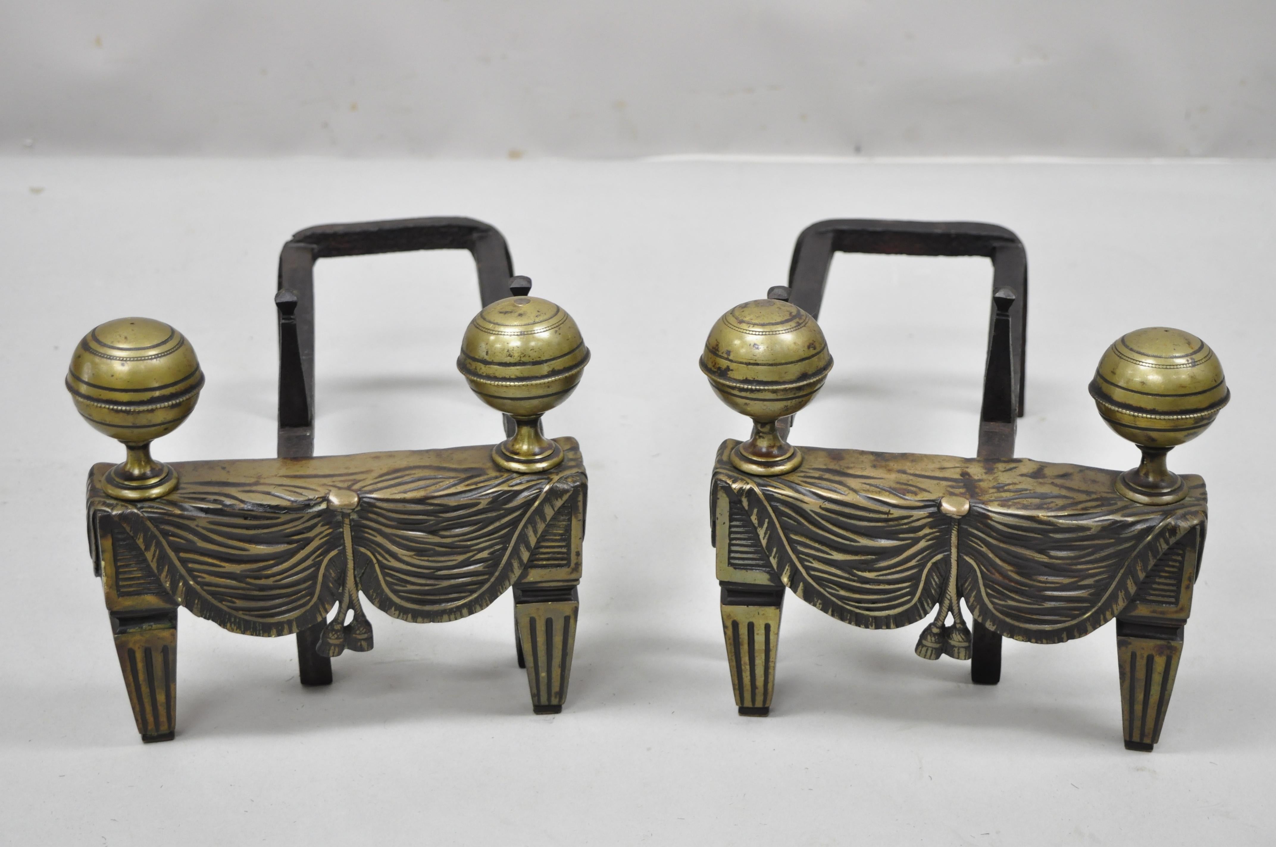 French Empire Bronze Drape & Tassel Cannonball Chenet Small Andirons, a Pair For Sale 7