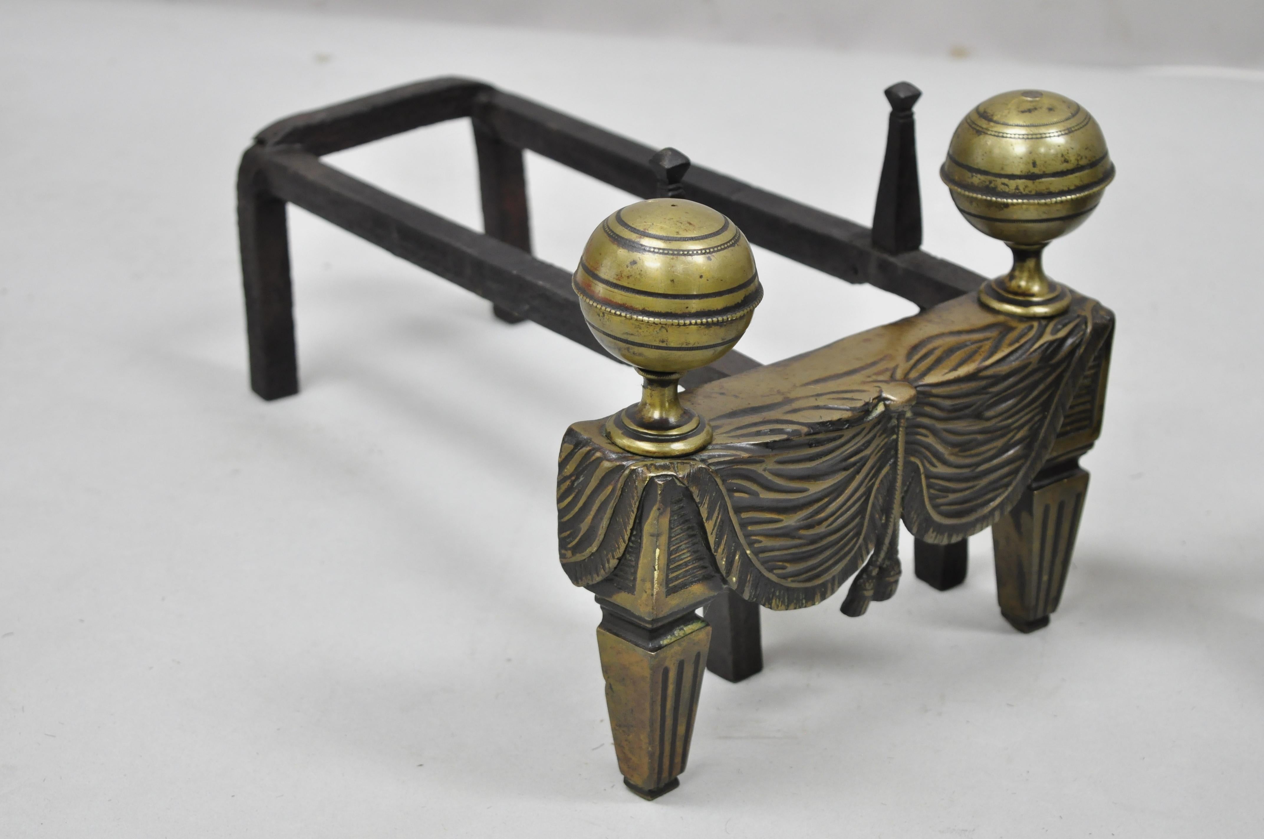 French Empire Bronze Drape & Tassel Cannonball Chenet Small Andirons, a Pair For Sale 1
