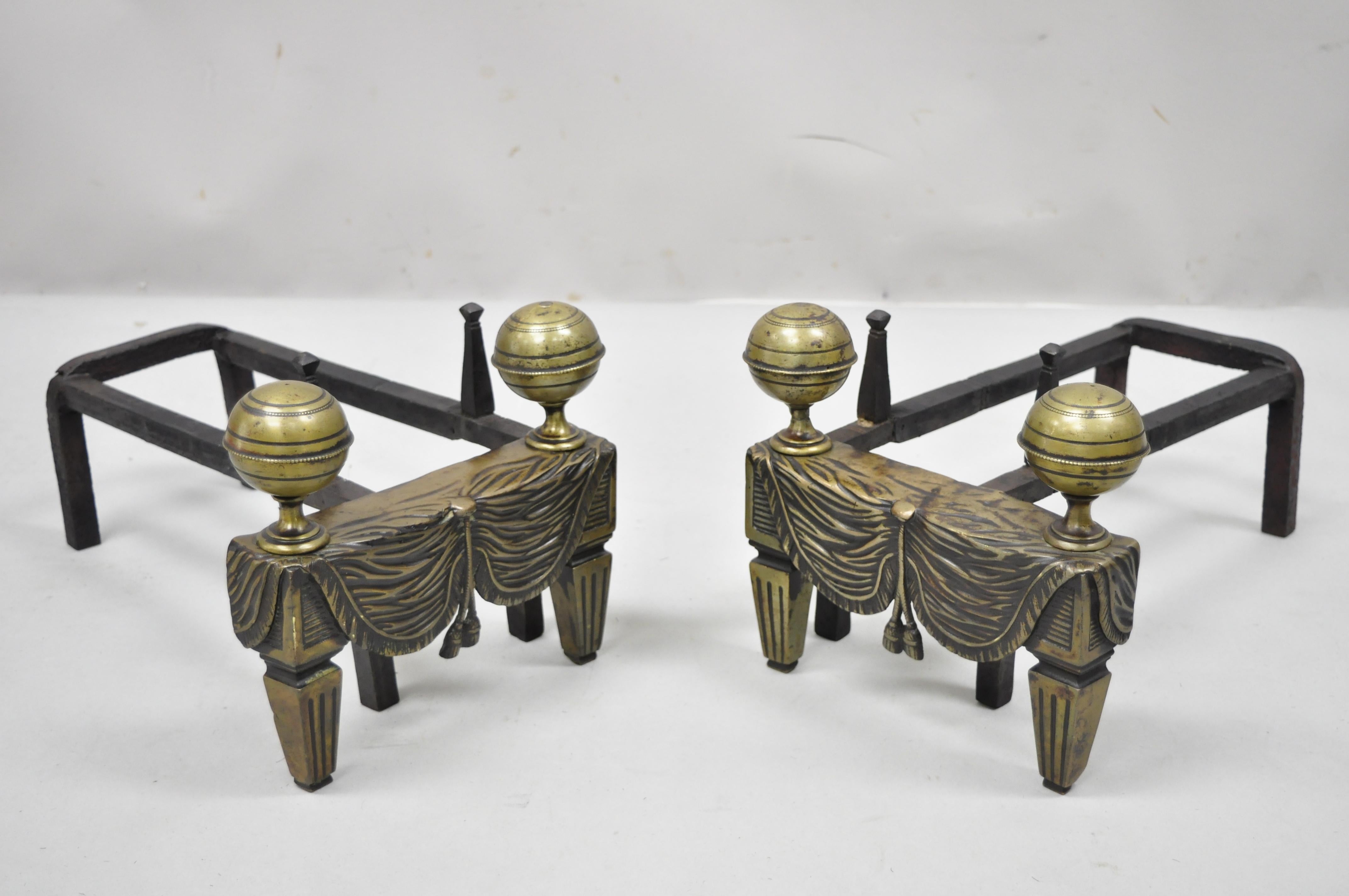 French Empire Bronze Drape & Tassel Cannonball Chenet Small Andirons, a Pair For Sale 2