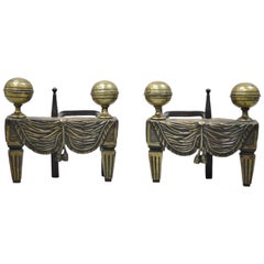 Vintage French Empire Bronze Drape & Tassel Cannonball Chenet Small Andirons, a Pair