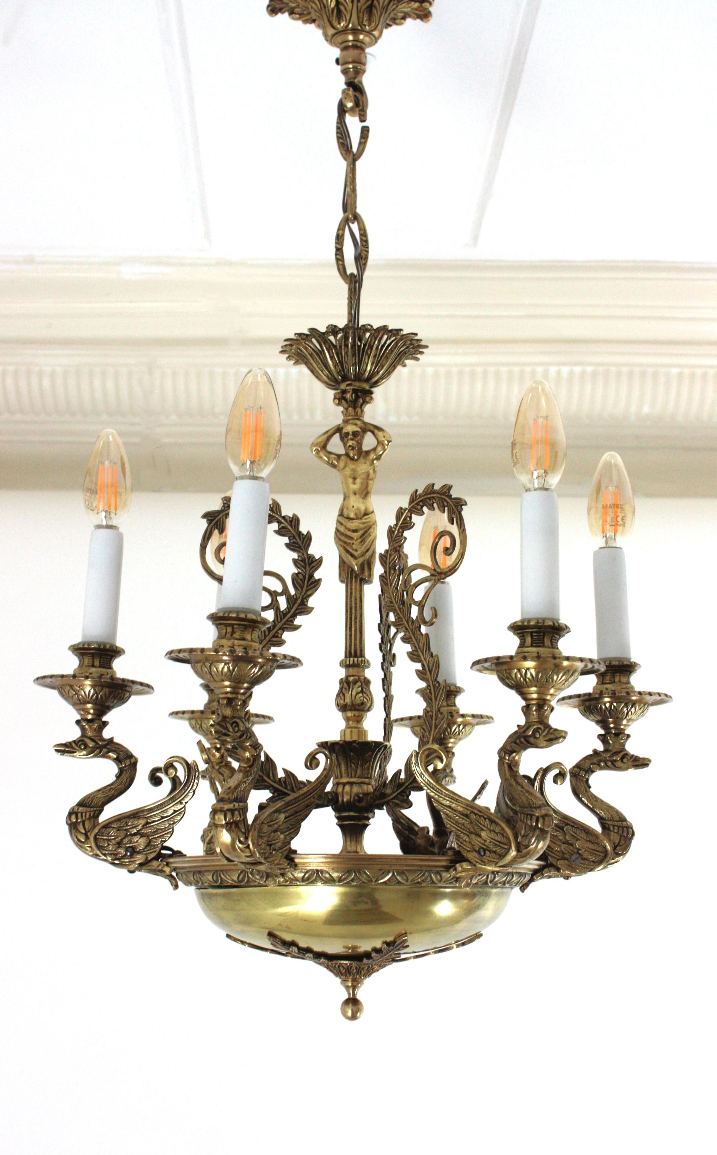 French Empire Bronze Figural Swan Chandelier For Sale 6