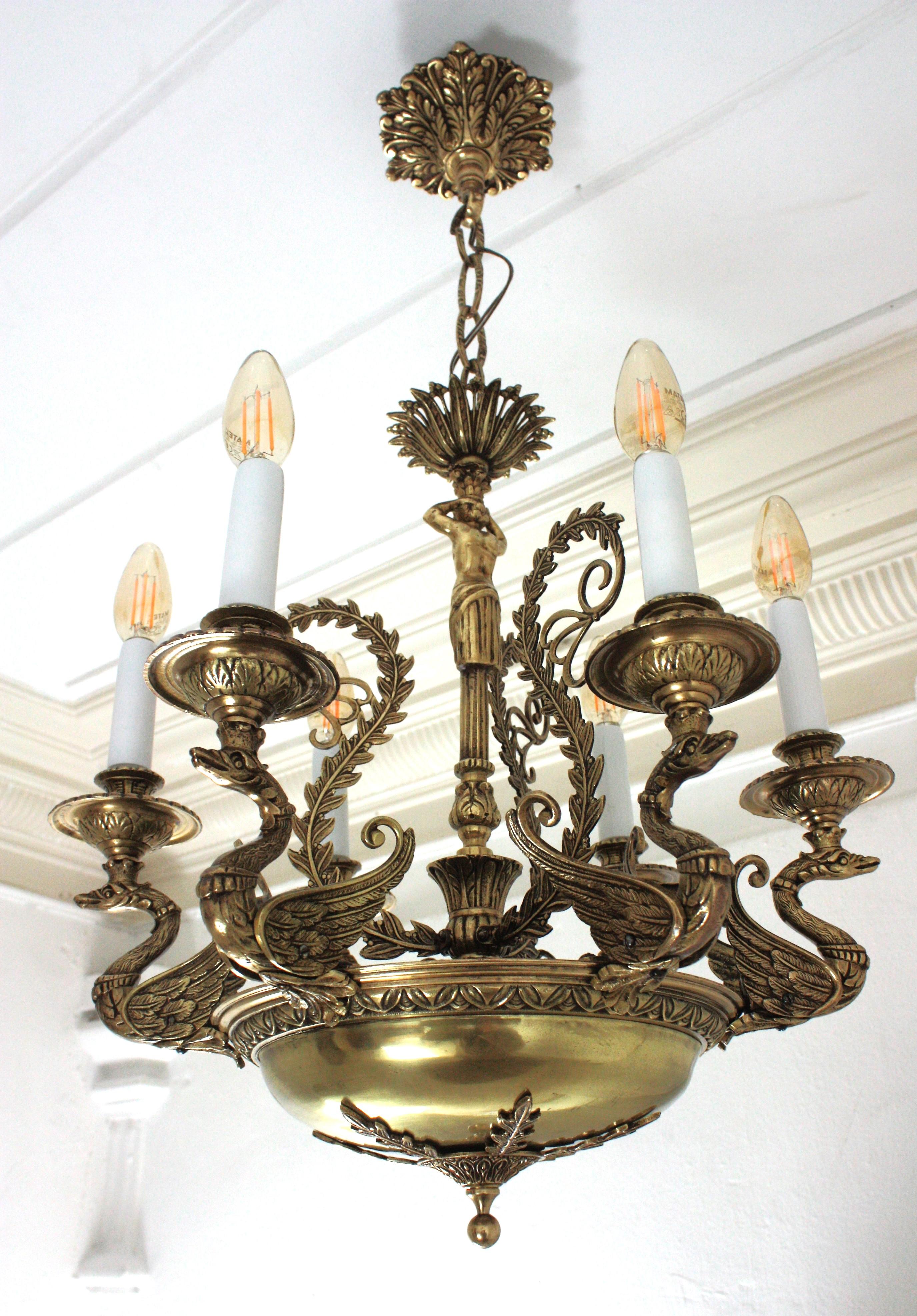 Empire Bronze Figural Swan Chandelier For Sale 8