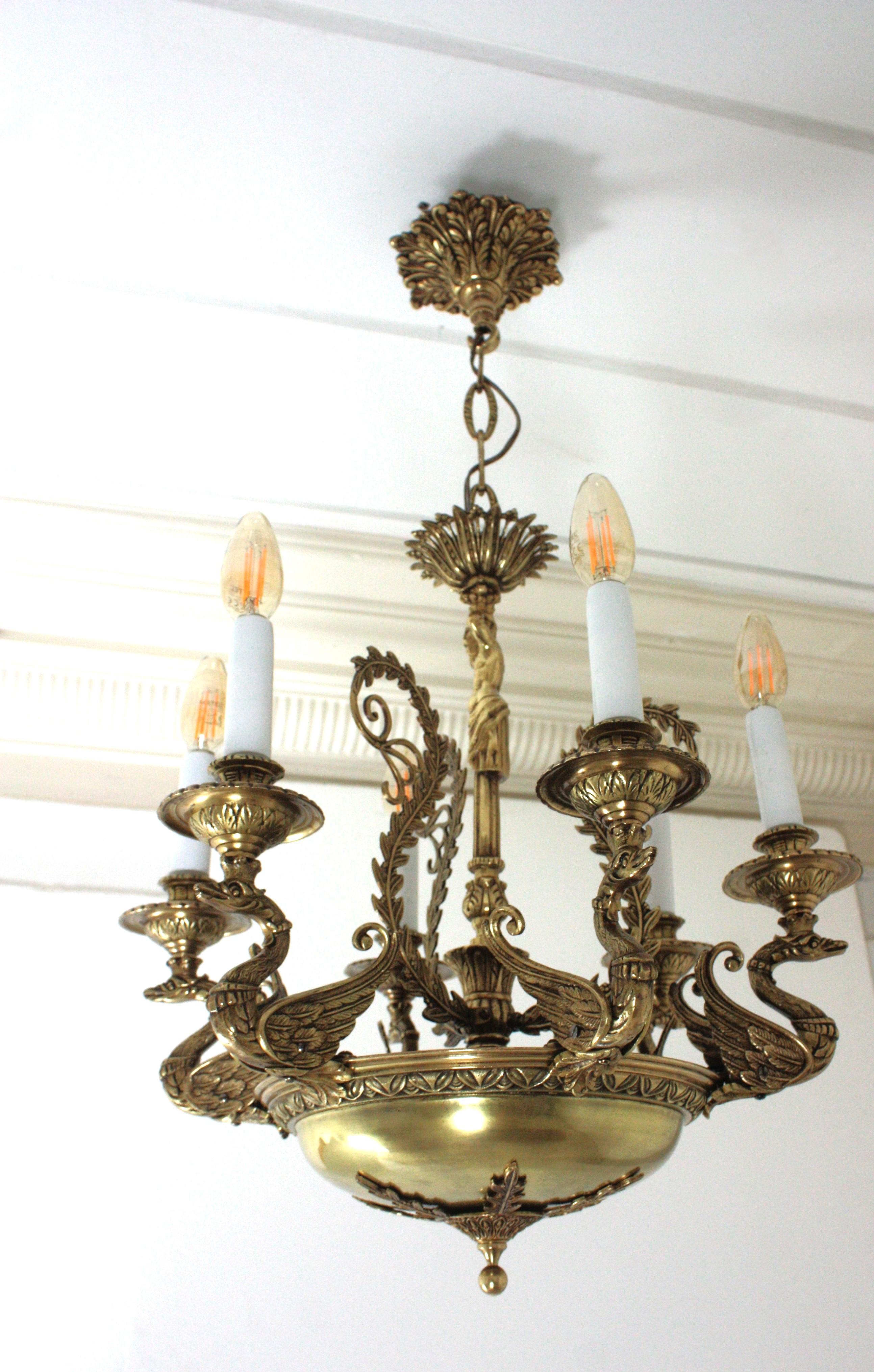 French Empire Bronze Figural Swan Chandelier For Sale 10