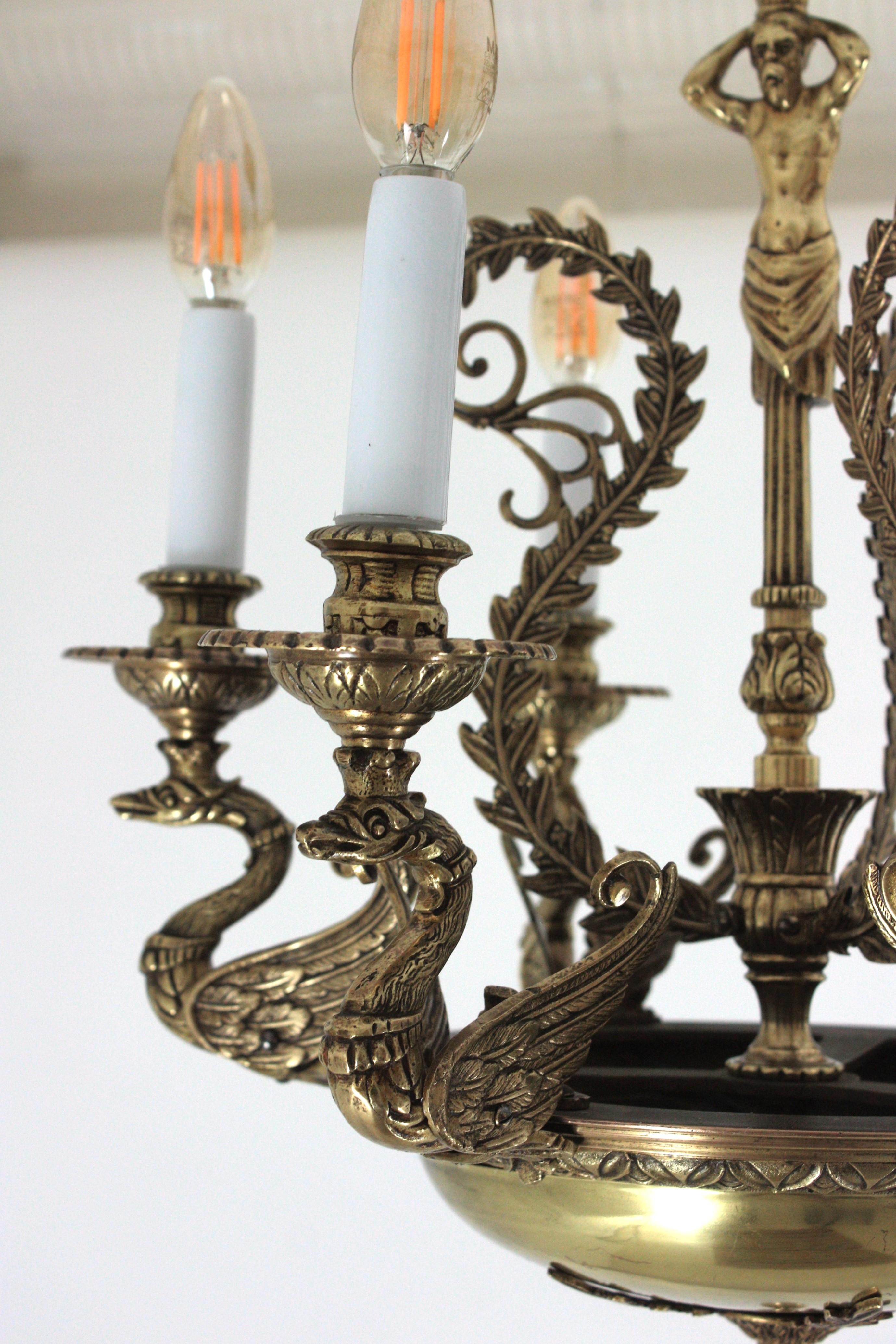 French Empire Bronze Figural Swan Chandelier For Sale 12