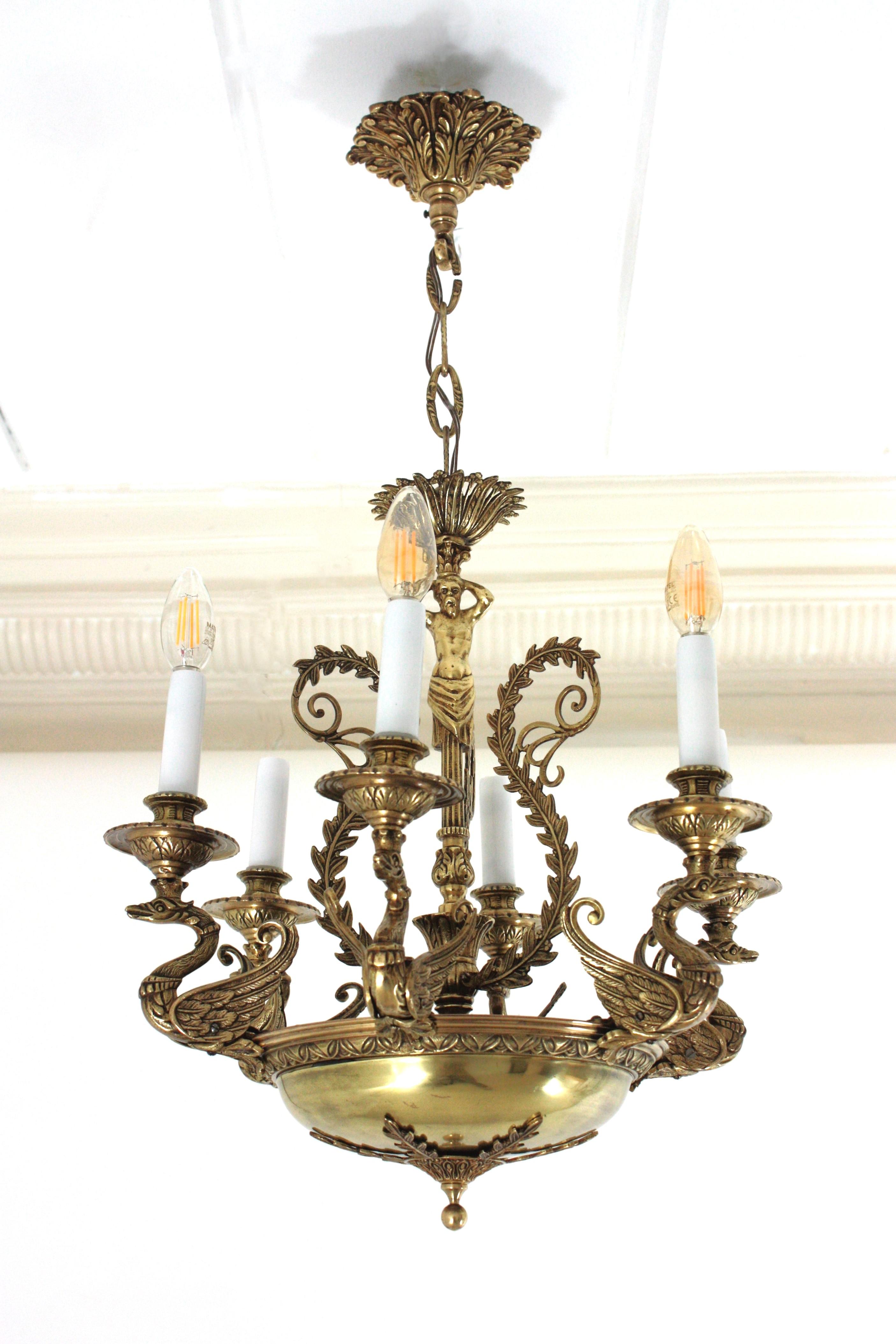 20th Century French Empire Bronze Figural Swan Chandelier For Sale