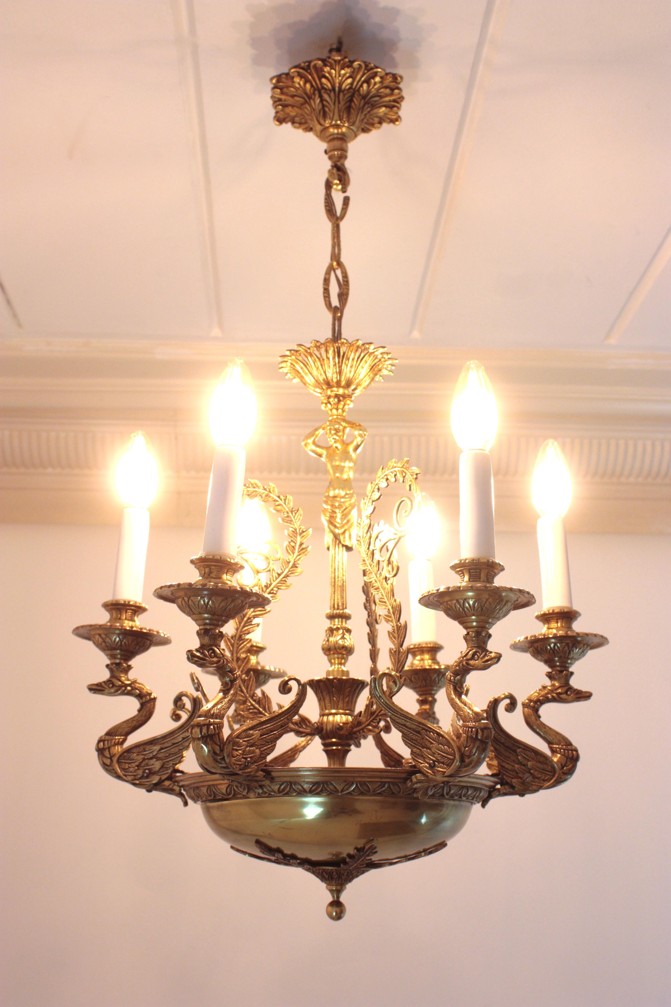 French Empire Bronze Figural Swan Chandelier For Sale 1