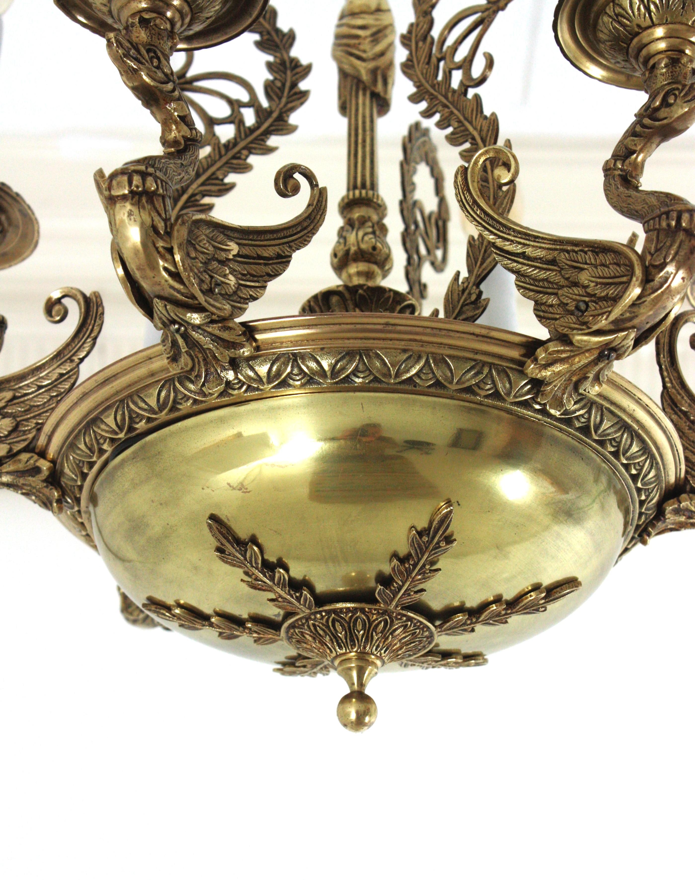 French Empire Bronze Figural Swan Chandelier For Sale 2