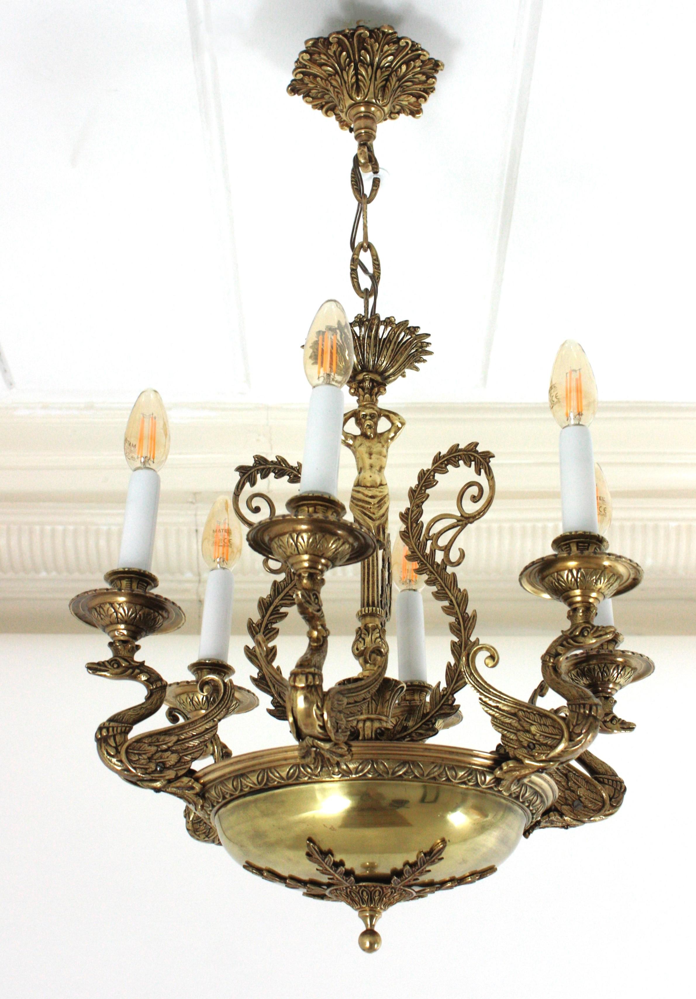 French Empire Bronze Figural Swan Chandelier For Sale 3
