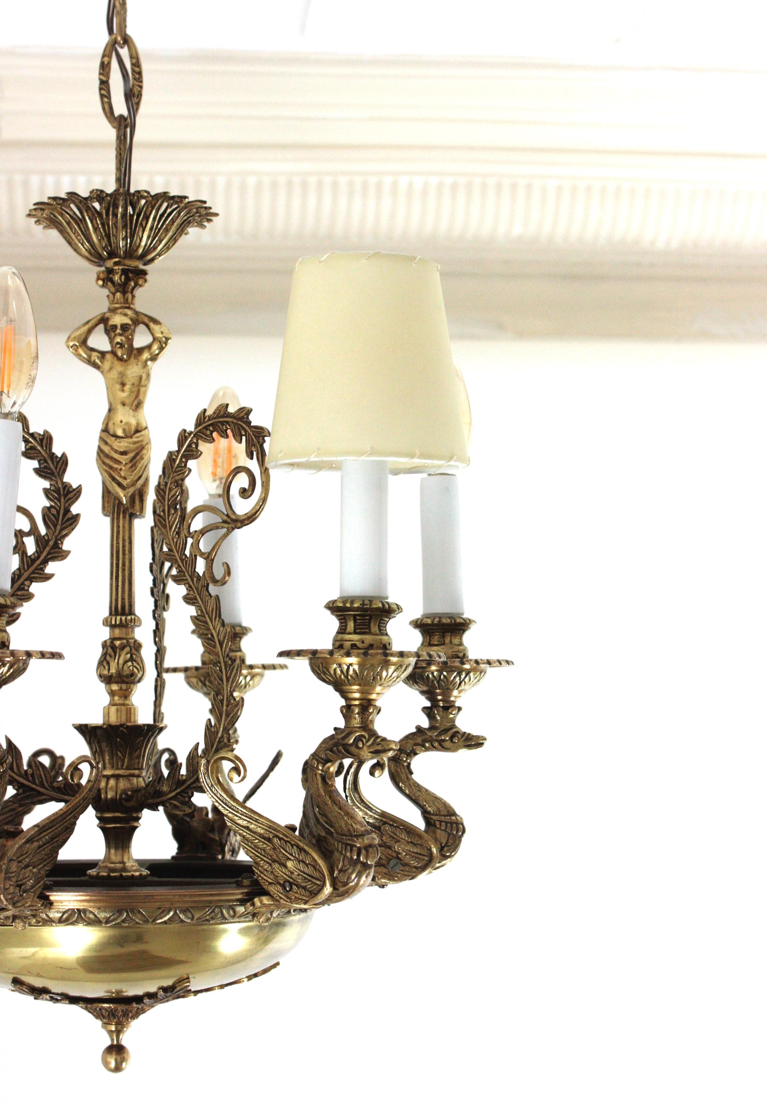 French Empire Bronze Figural Swan Chandelier For Sale 5