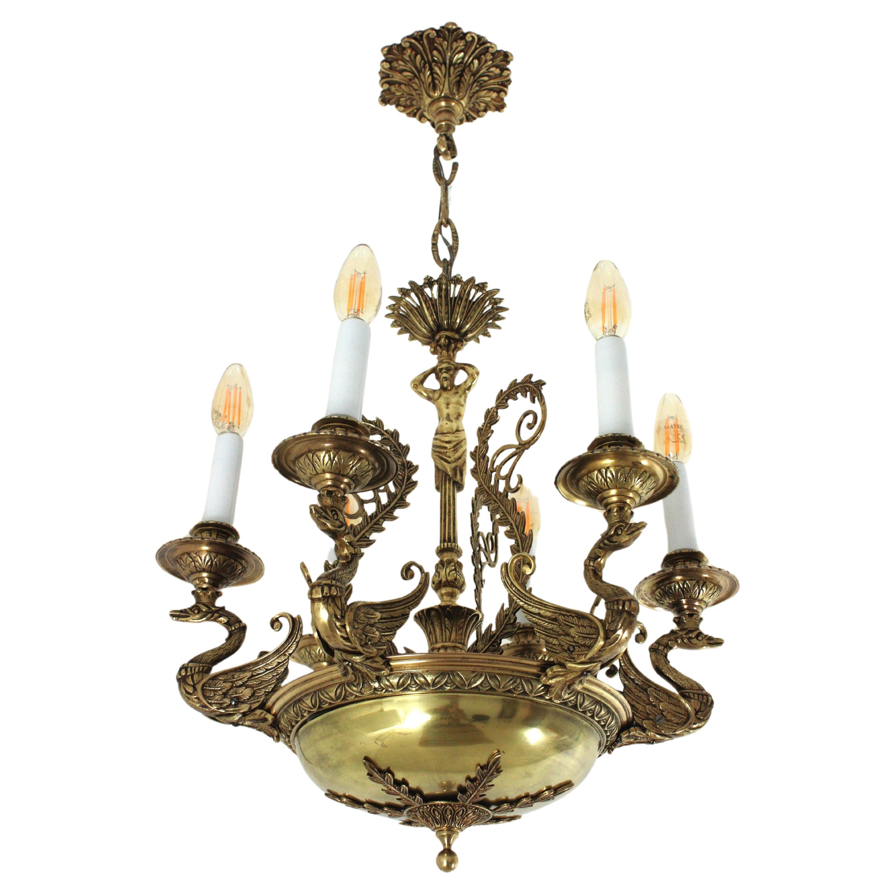French Empire Bronze Figural Swan Chandelier For Sale