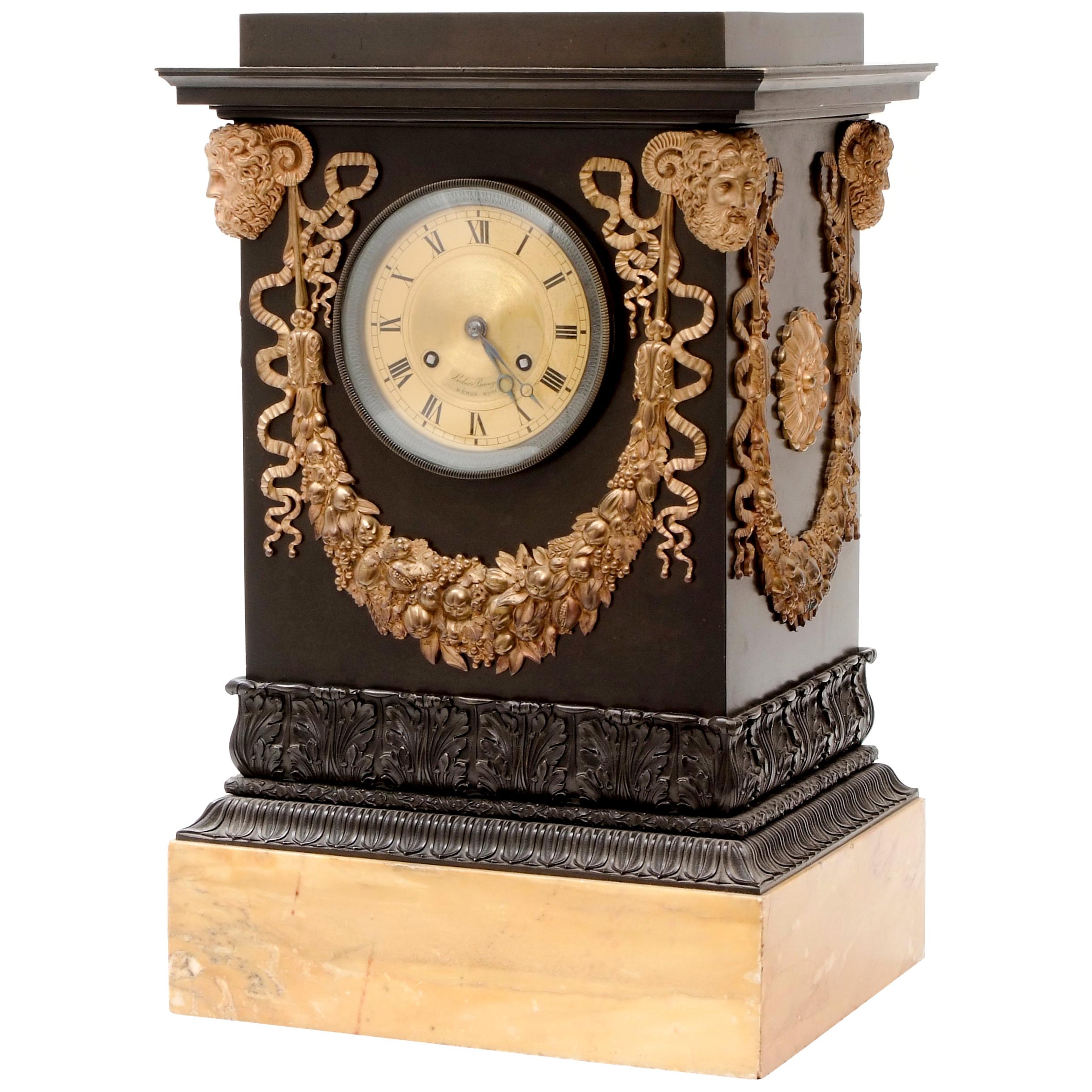 French Empire Bronze Mantle Clock by Hemon, in LEDURE Case, c.1820 For Sale