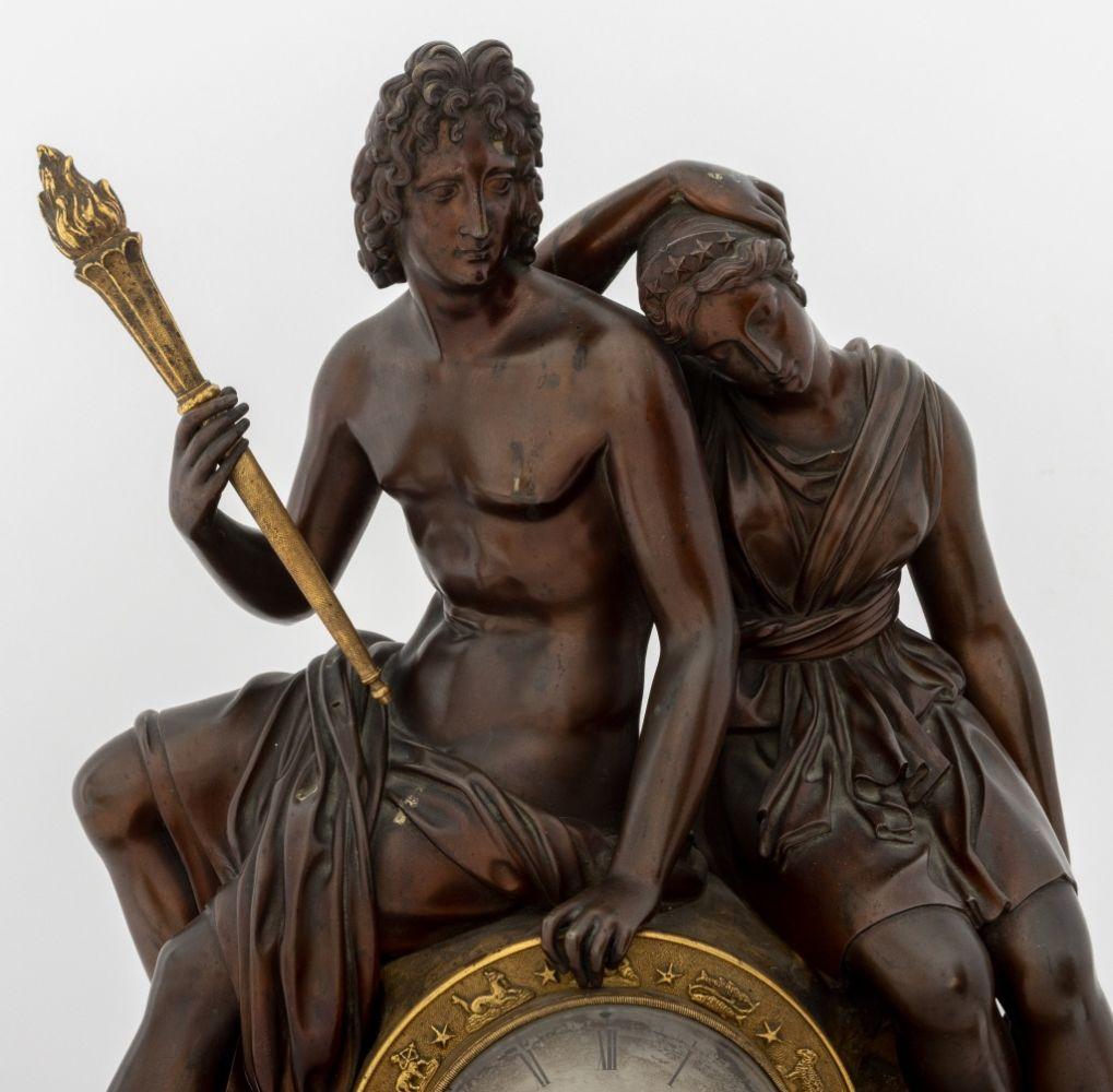 Gilt French Empire Bronze Marble Figural Clock, c. 1830 For Sale