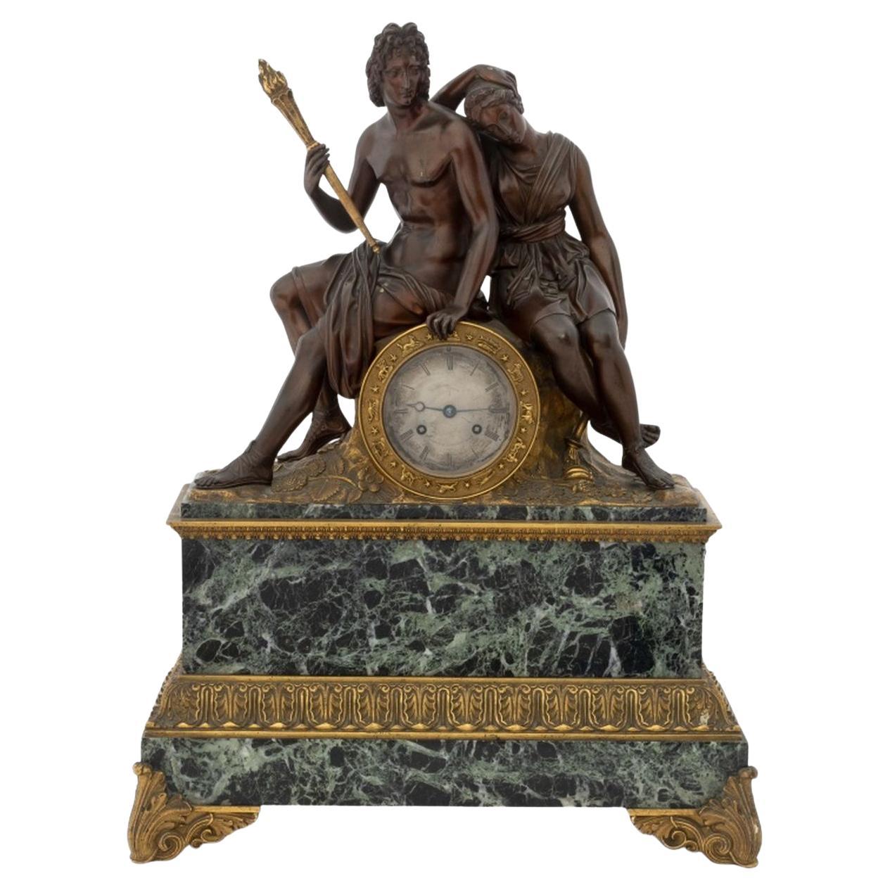 French Empire Bronze Marble Figural Clock, c. 1830 For Sale