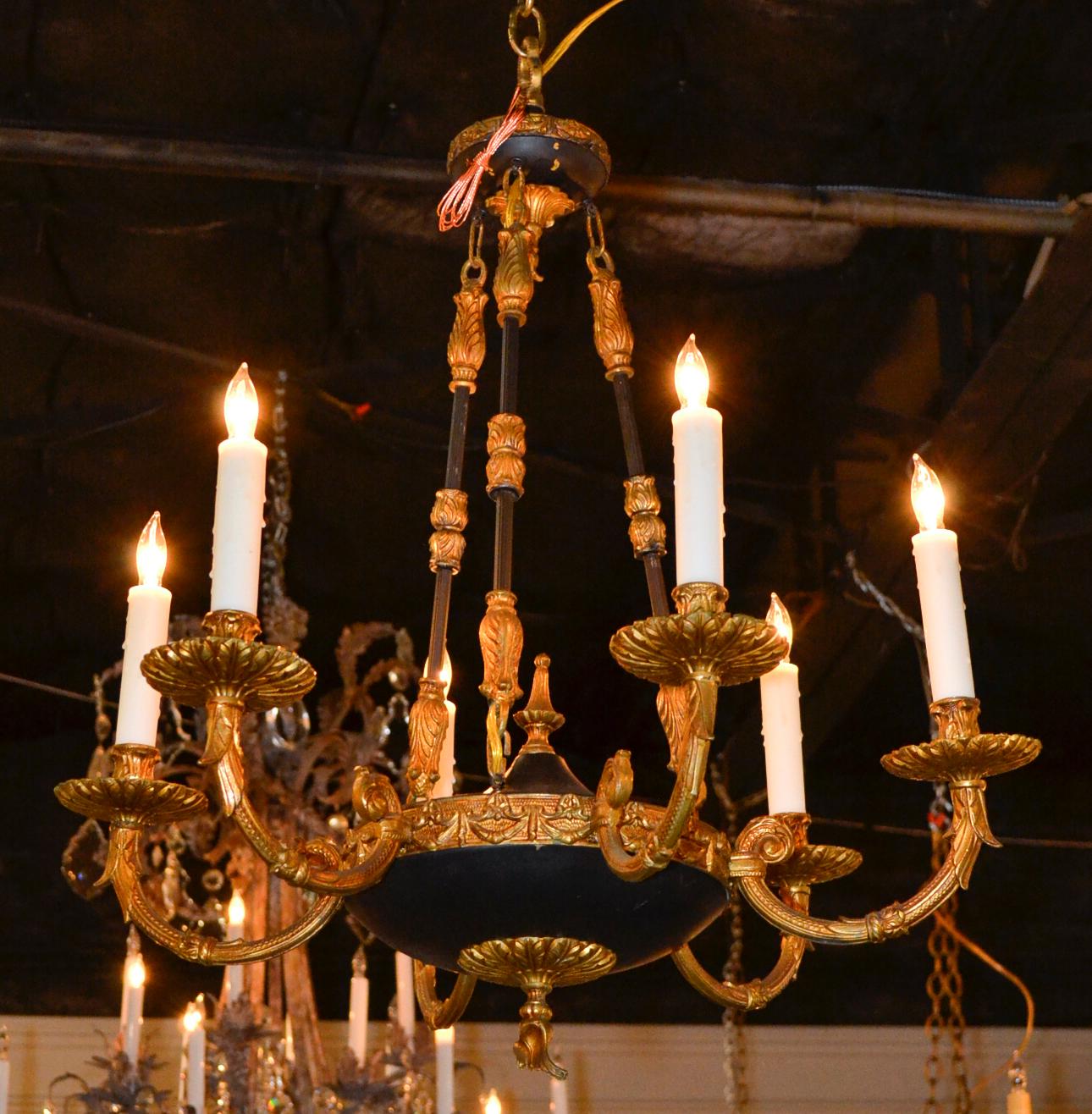 Gilt French Empire Bronze and Tole Chandelier