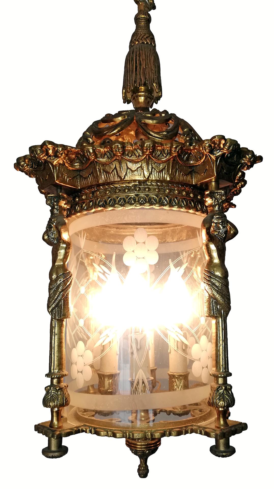 French Empire Caryatids Fire Gilded Bronze Cut Glass 4-Light Lantern Chandelier