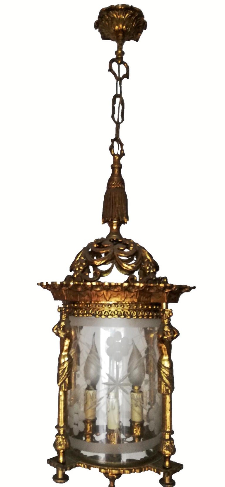 French Empire Caryatids Fire Gilded Bronze Cut Glass 4-Light Lantern Chandelier For Sale 3